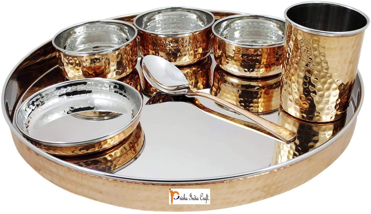 Prisha India Craft Dinnerware Stainless Steel Copper Traditional Dinner Set Of Thali Plate, Bowls, Glass And Spoon, Diameter 13 