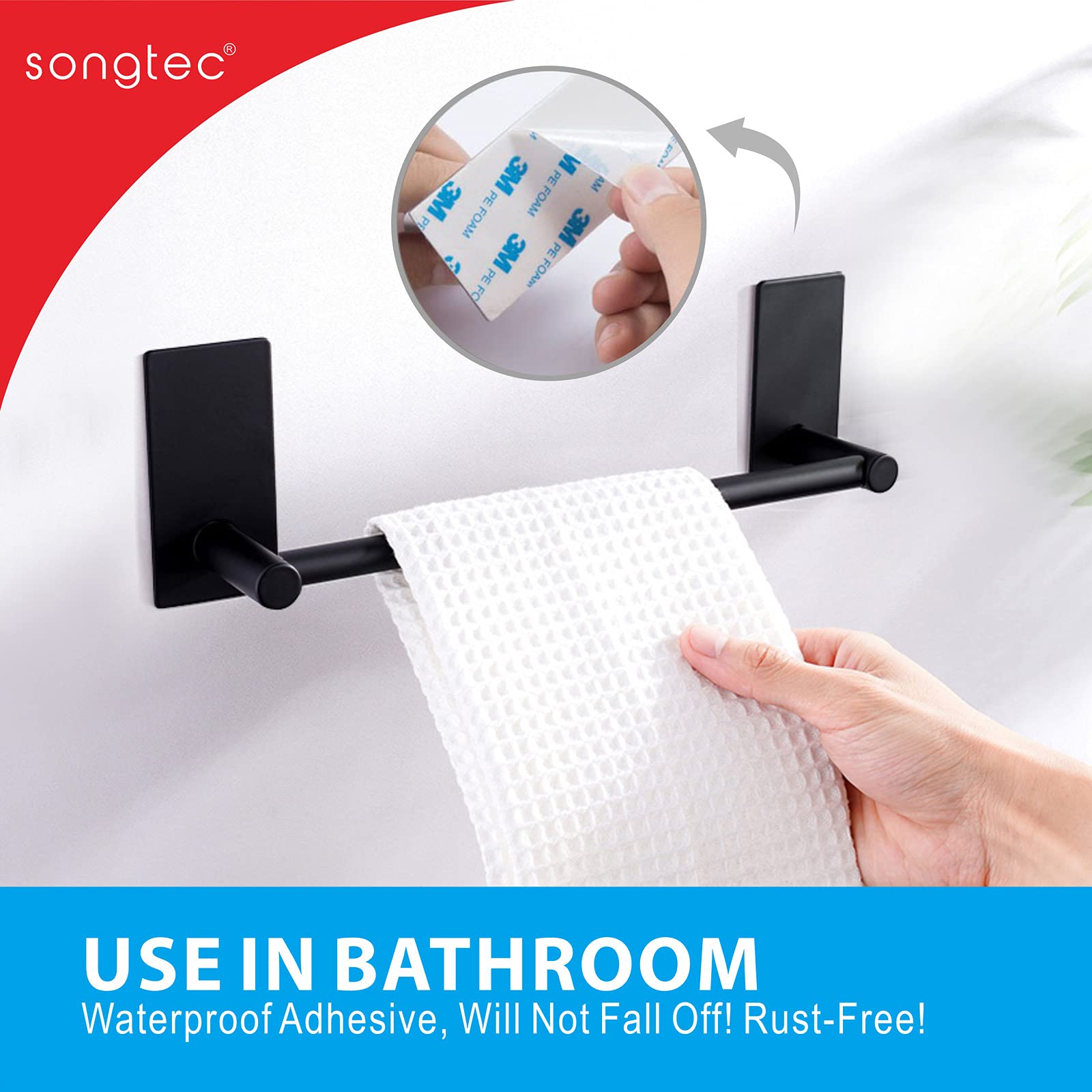 Songtec Stick Towel Bar Black 12-Inch, Adhesive Bath Towel Rack No Drill, Strong Adhesion Tape Mount Towel Holder, Stainless Ste