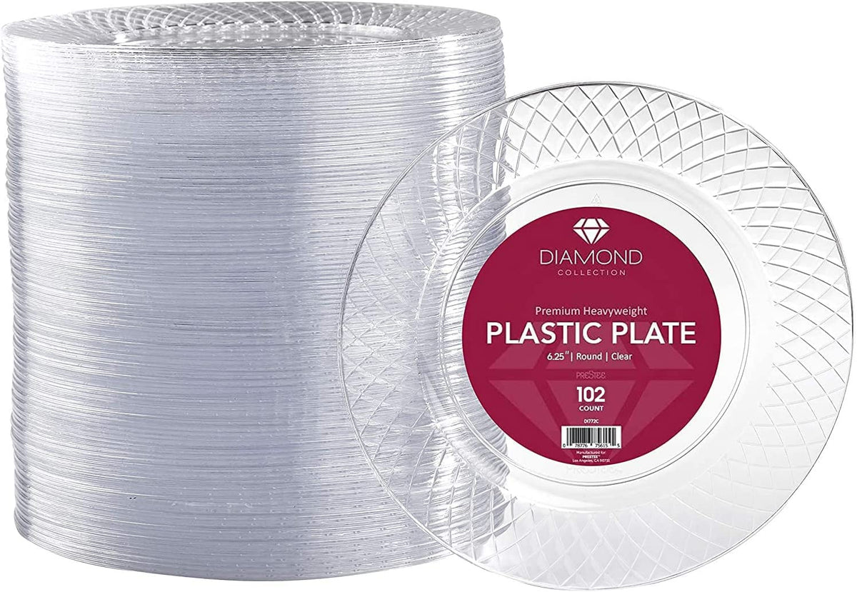 Prestee 102 Clear Plastic Plates Disposable - 6.25'' Heavy Duty Hard Plastic Clear Plates For Party - Elegant Round Cake, Desser