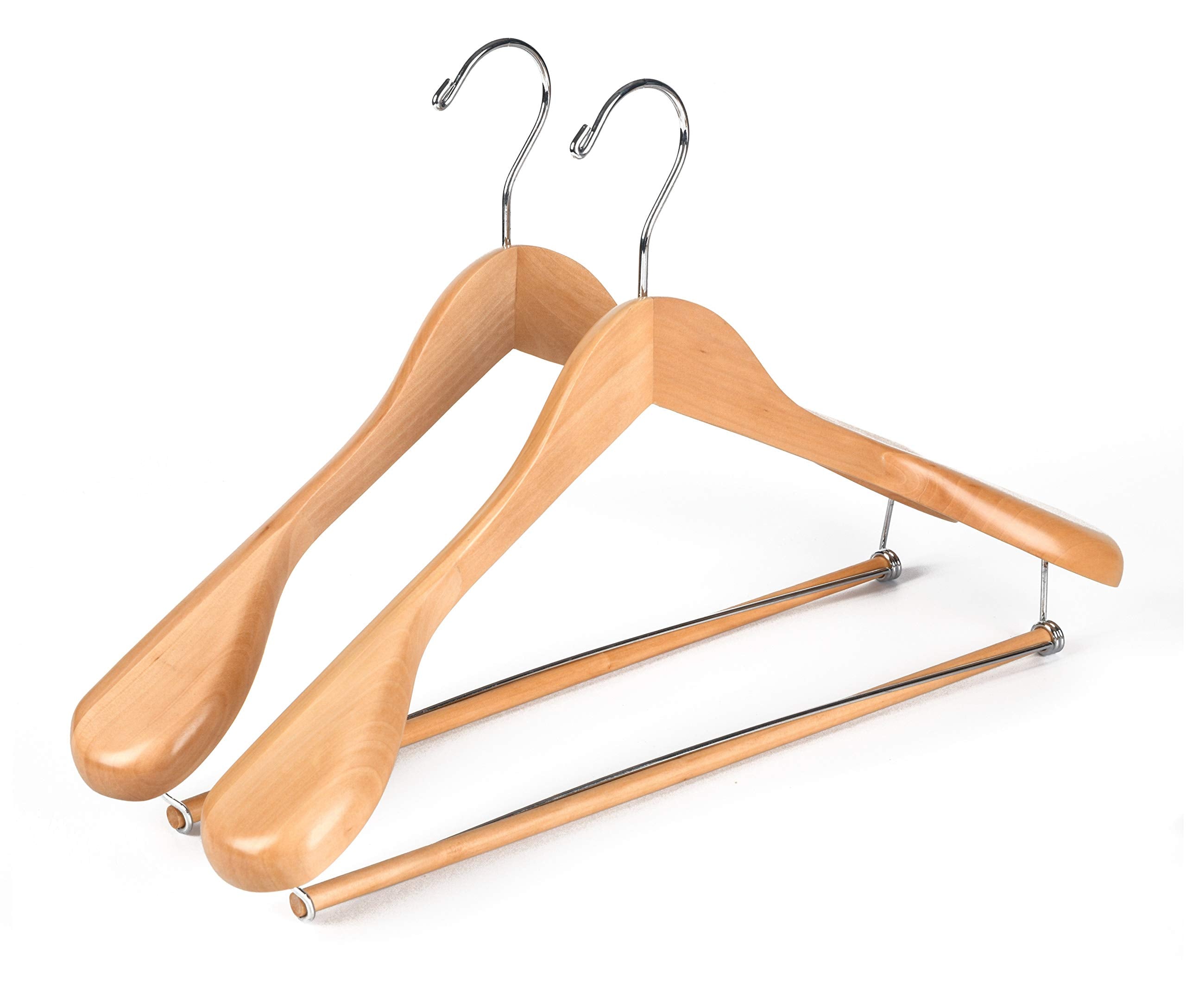 Luxury Wide Shoulder Wooden Hangers 2 Pack, With Locking Bar, Smooth Natural Finish Wood Suit Hanger Coat Hanger For Closet, Hol