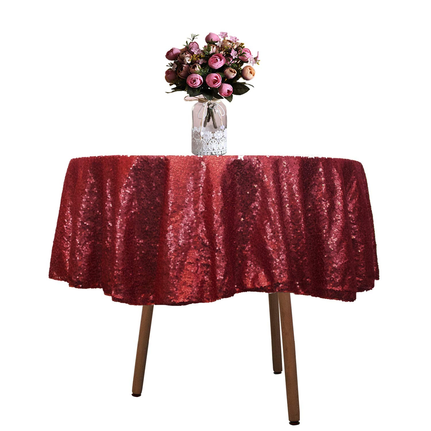 Jyflzq Burgundy Sequin Tablecloth 50 Round Small Sparkly Drape Table Cloths Table Cover Overlay For Wedding Birthday Party Bab