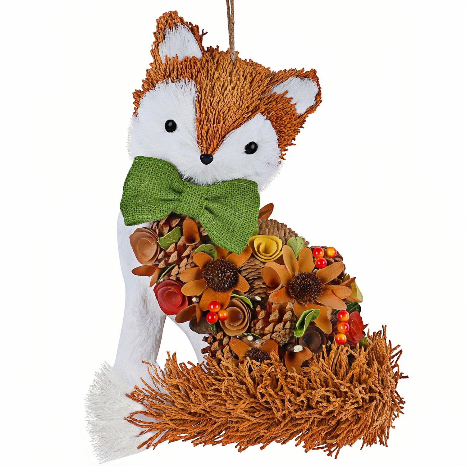 Glintoper Fall Wreath for Front Door, 14 Thanksgiving Straw Fox Figurine with Woodchip Pinecone, Hanging Harvest Autumn Gifts, T