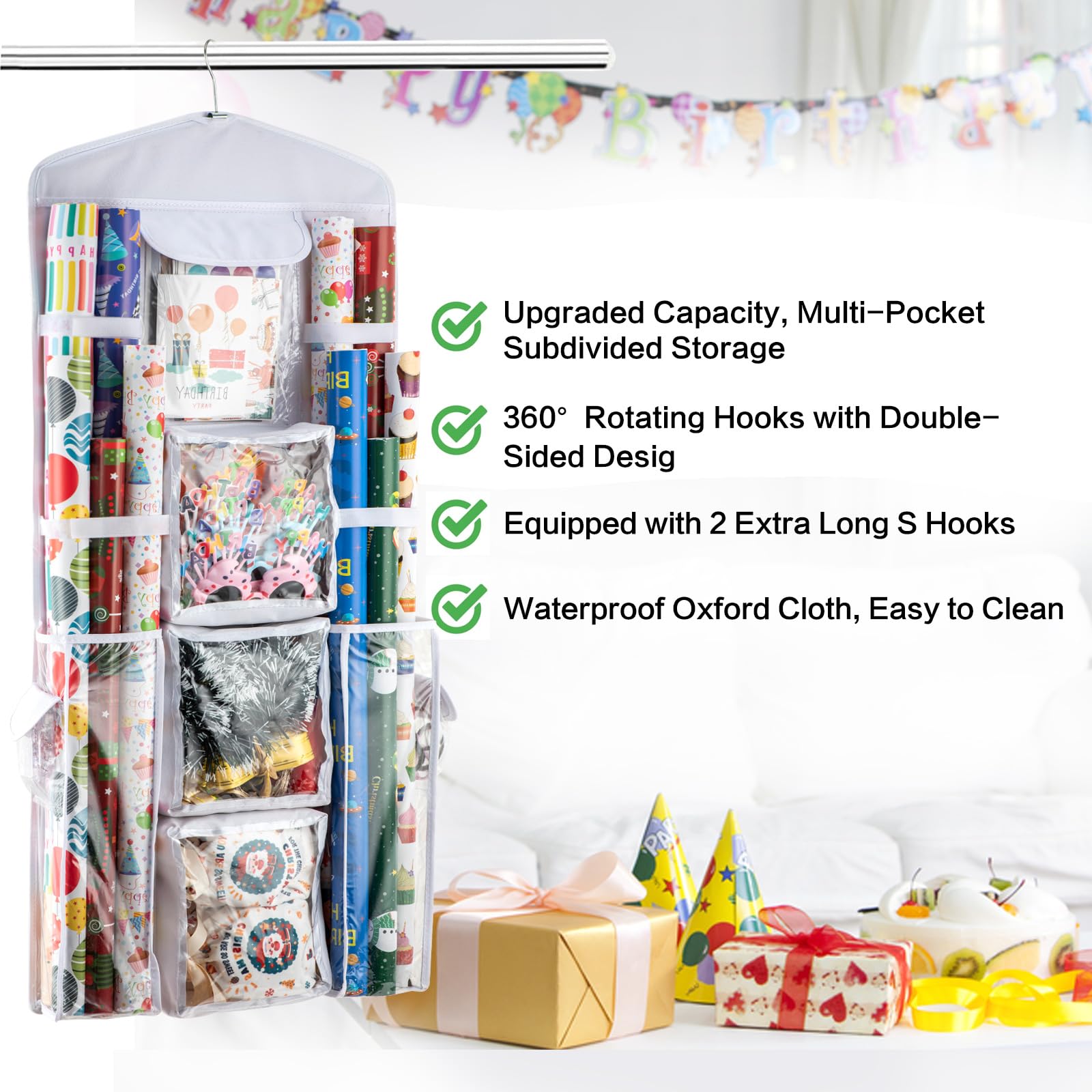 Wrapping Paper Organizer,Hanging Gift Wrap Storage Containers, Eolimex Double-Sided Christmas Wrapping Storage Over Door Organiz
