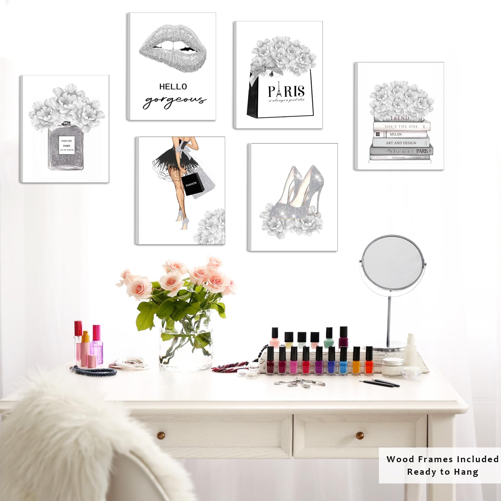 Glam Gray Fashion Wall Decor, Framed Woman Makeup Room Wall Art, Fashion Silver Girly Beauty Room Picture Wall Decor For Office