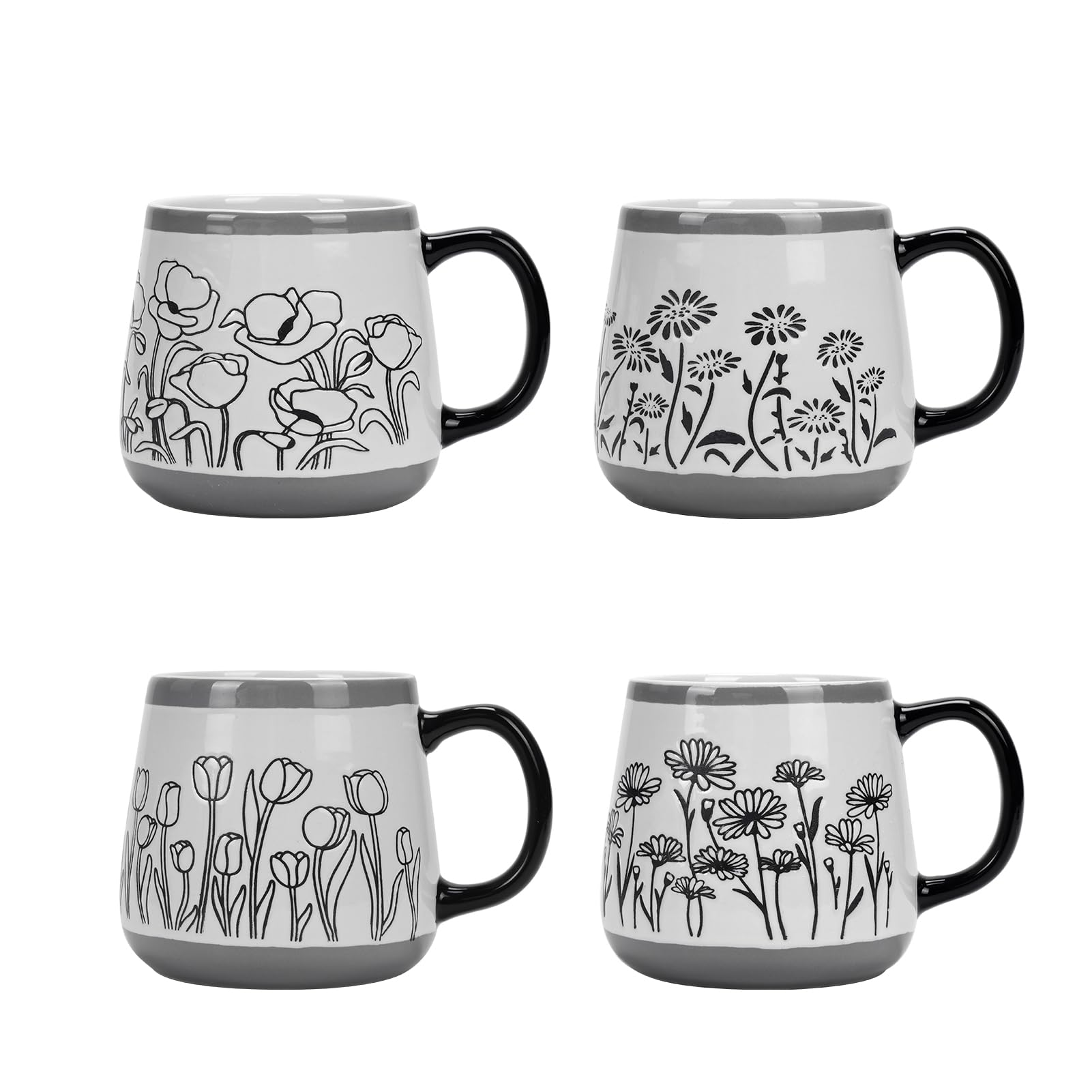 Schliersee 16 OZ Floral Coffee Mugs Set of 4, 16 Ounce Mug, Large Porcelain Mug for Man Woman, Floral Cup for Latte, Tea, Cappuc