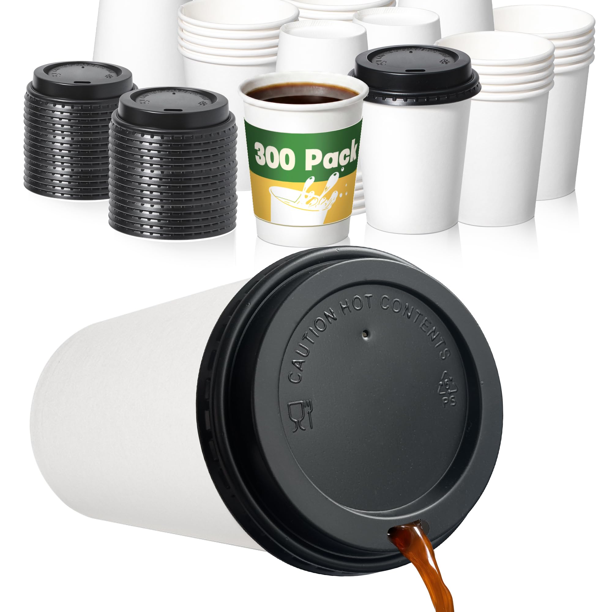 Coffee Cups with Lids, 8 oz Disposable Paper Coffee Cups, 300 Pack, White