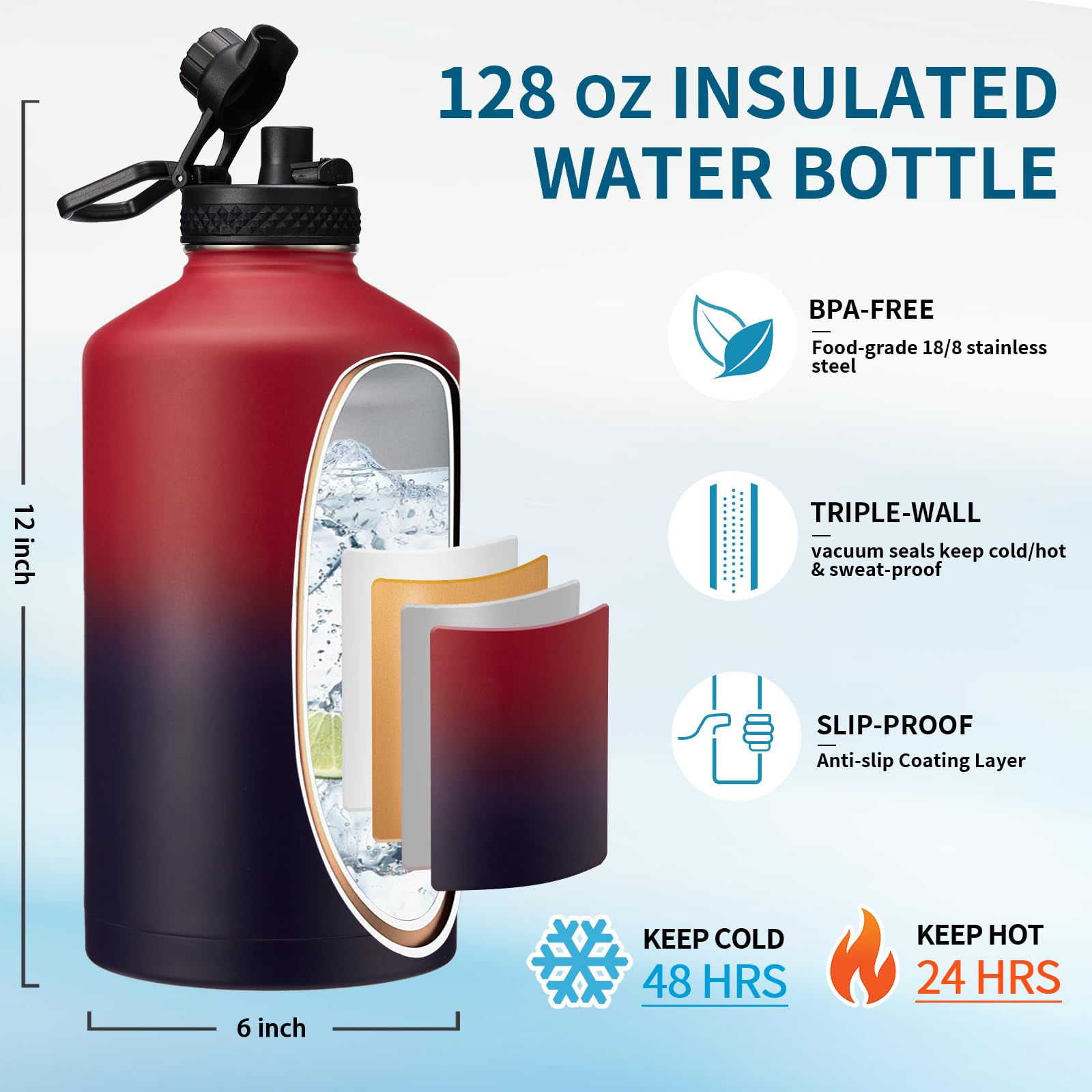 1 Gallon Water Bottle with Straw - 128oz Stainless Steel Water Jug with Sleeve Carrier Bag  Auto Spout Lid  Paracord Handle  Large Insulated Water Bottles Gallon Water Jug  Metal Hydro Thermo Flask