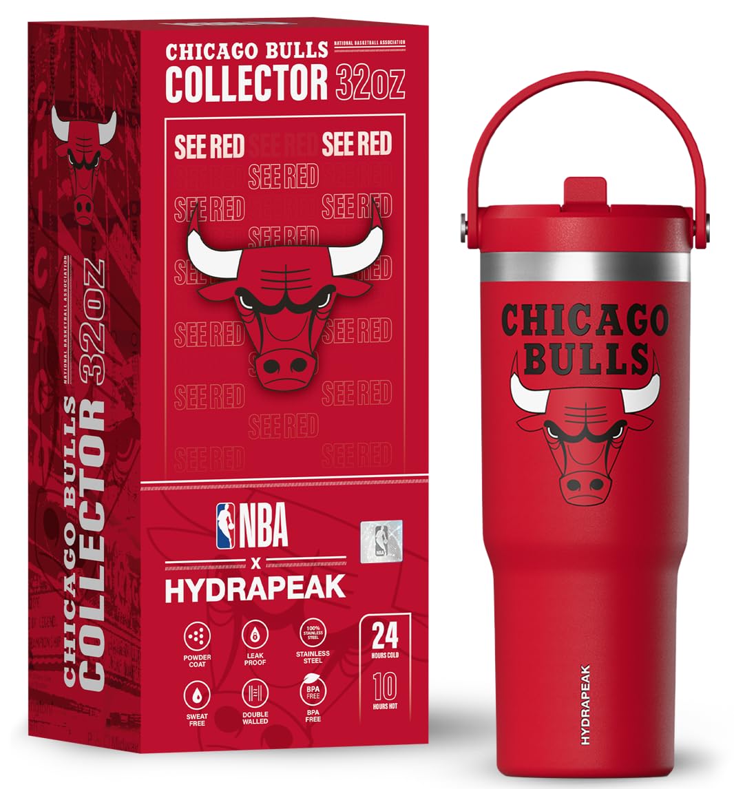 Hydrapeak X Nba Officially Licensed Chicago Bulls 32Oz Nomad Stainless Steel Tumbler With Handle And Straw Lid, Leakproof Water