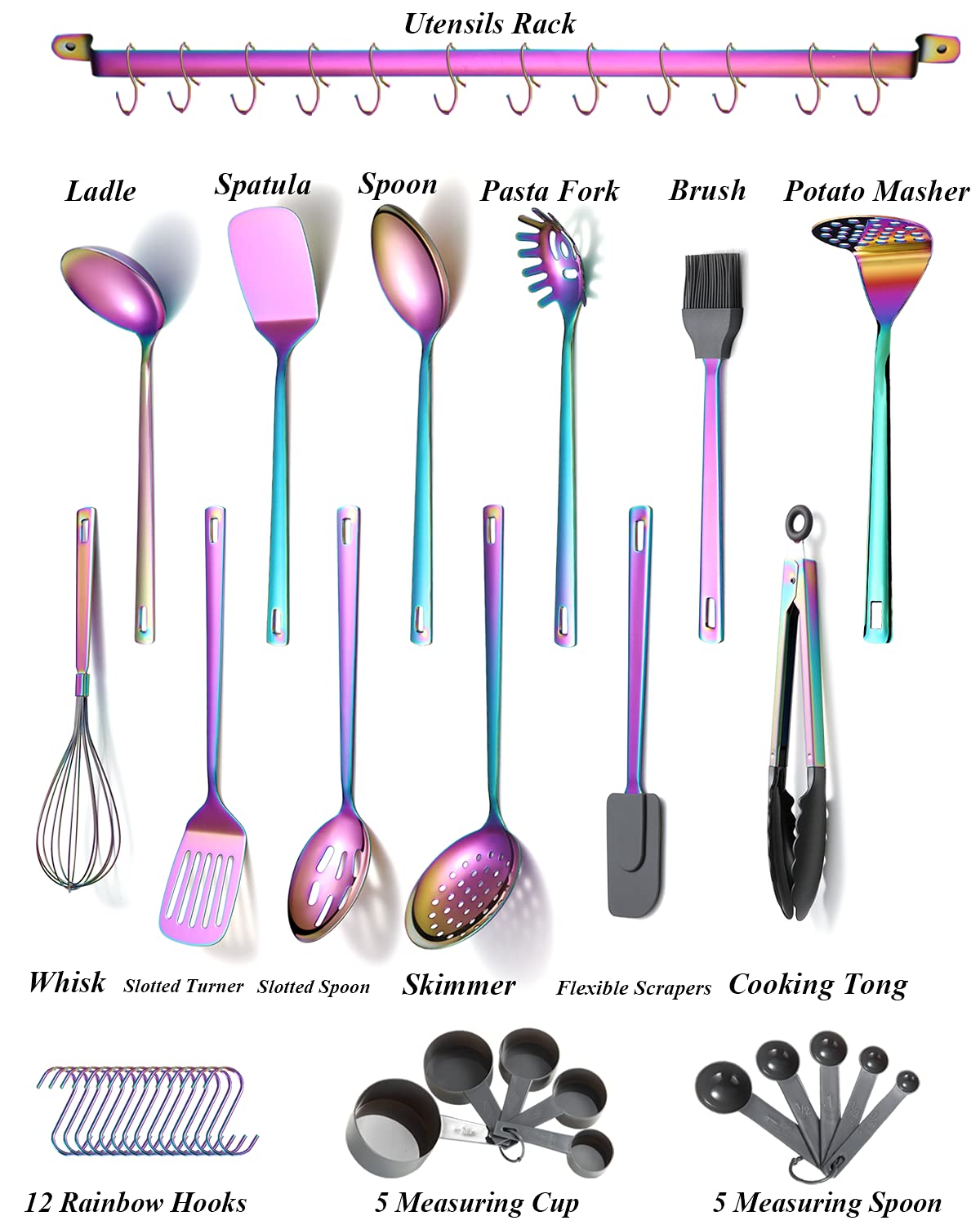 Rainbow cooking Utensils Set  Kyraton Stainless Steel 37 Pieces Kitchen Utensils Set with Titanium colorful Plating  Kitchen Tool gadgets Set with Utensil Rack Heat Resistant Dishwasher Safe
