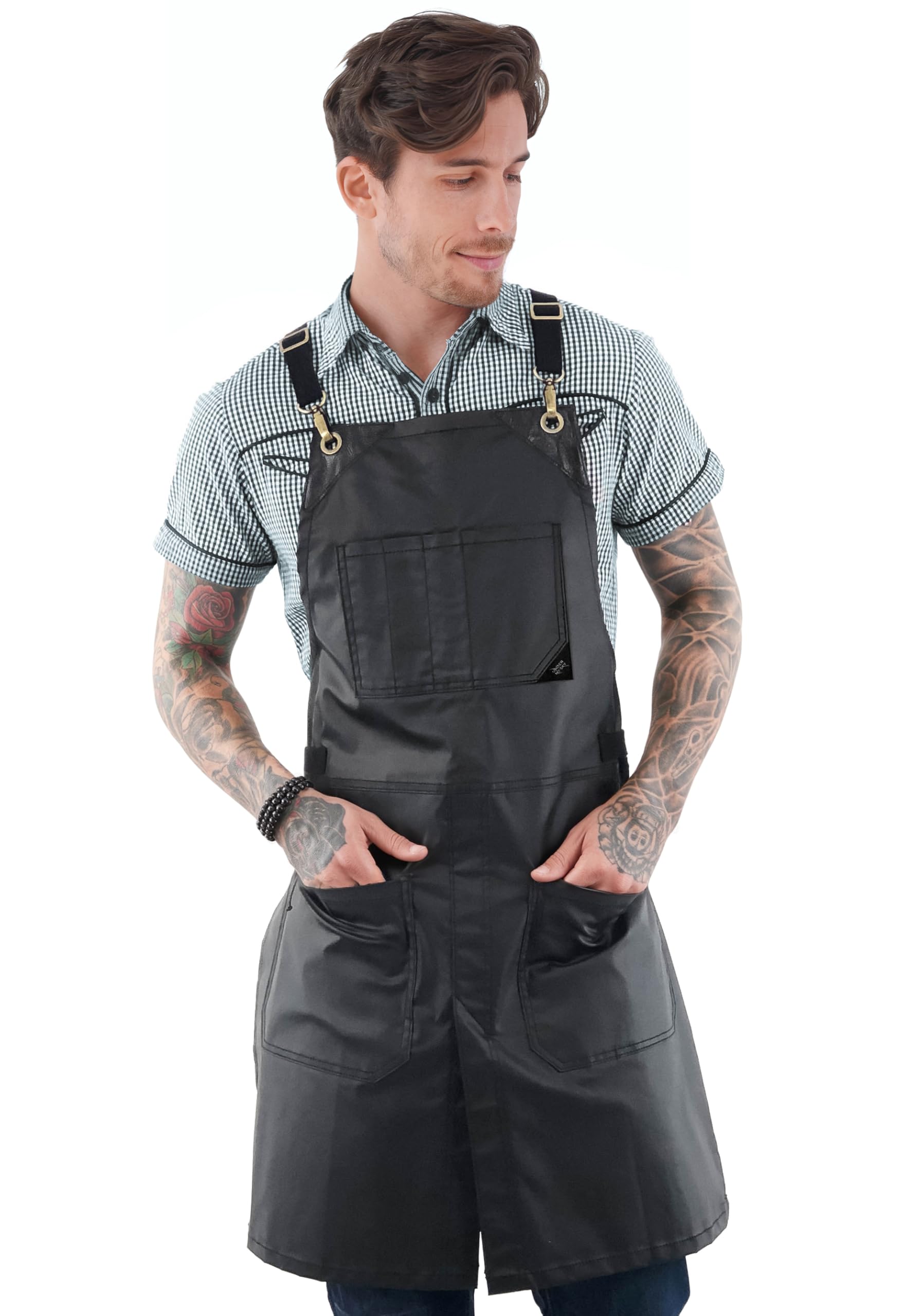 Under Ny Sky Under Ny Sky Crossback Panther Black Apron  Coated Twill With Leather Reinforcement And Splitleg  Adjustable Fo