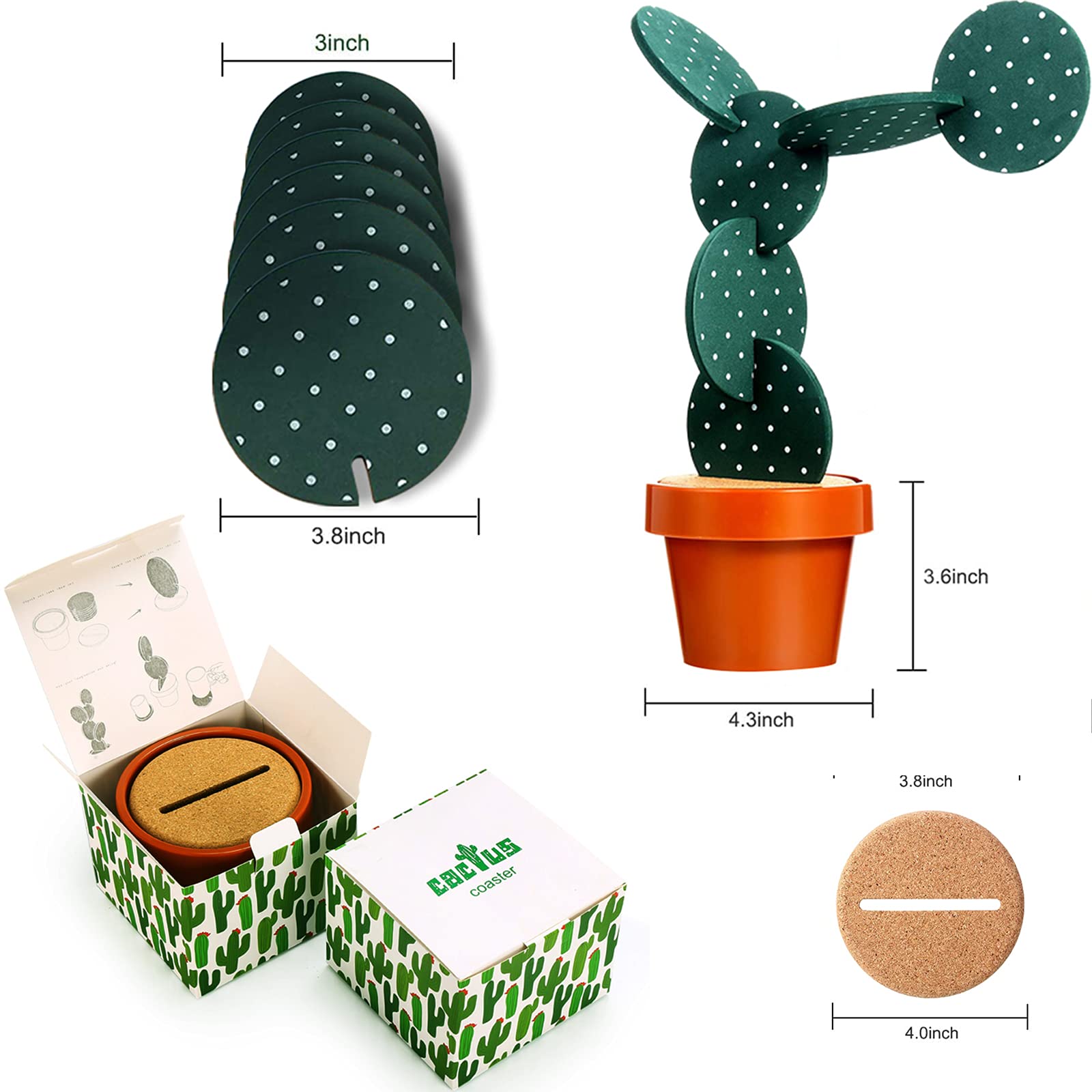 Cactus Coasters Set For Drinks Of 6 Pieces,Funny Coasters Cactus Gift With Flowerpot Holder For Home Office Bar Decor