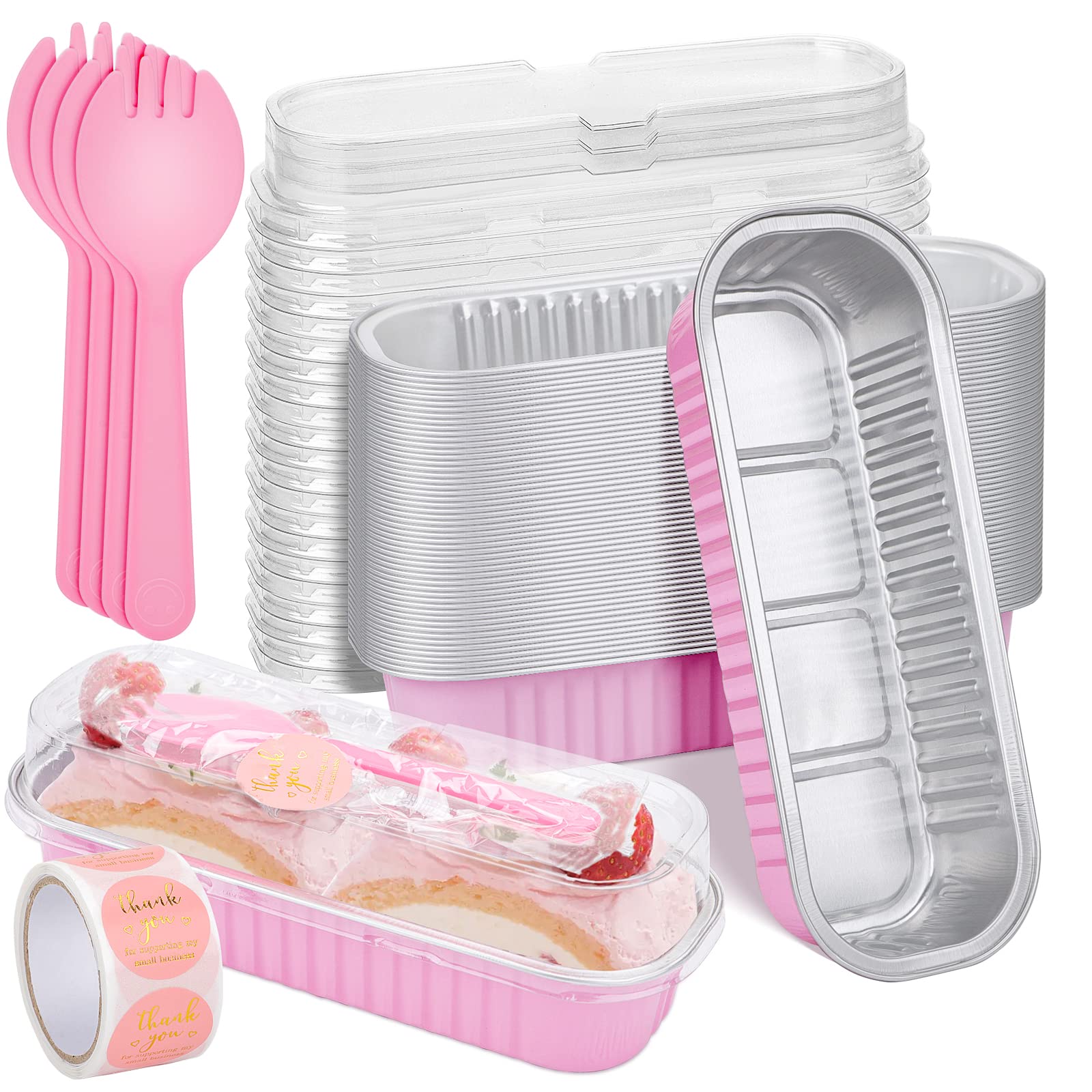 ylnurac 25Pack Pink Mini Cake Pans with Lids Mini Loaf Pans and Spoons and Stickers, 6.8Oz Aluminum Foil Pans Tins, Individual D