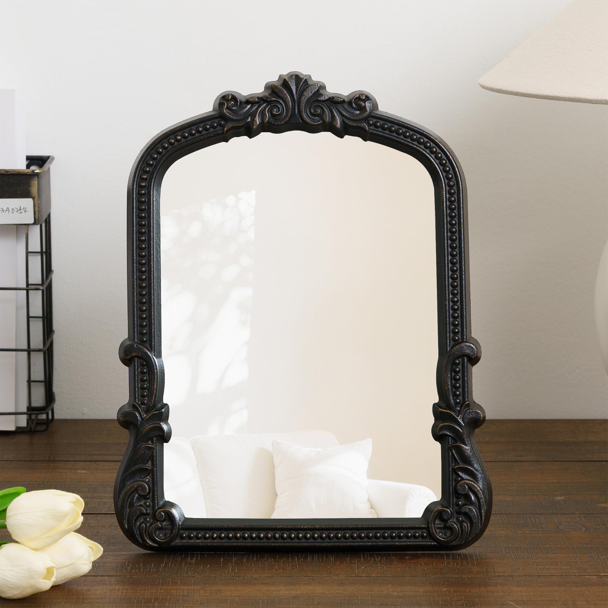 Meolyx Vintage Small Black Vanity Makeup Mirror Antique Arched Baroque Tabletop Mirror Resin Frame Desktop Standing Mirror for L
