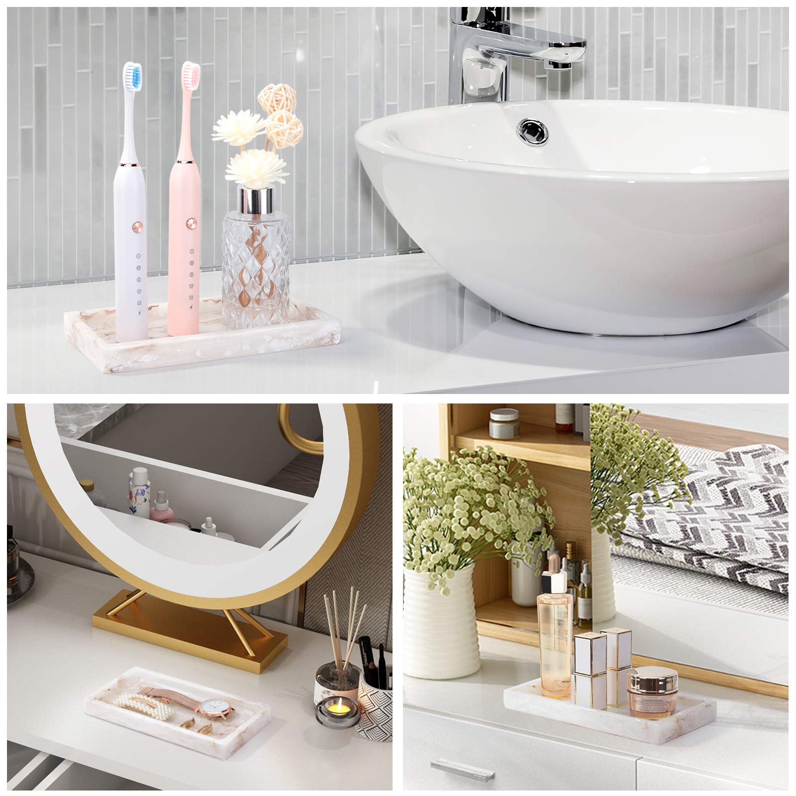 Emibele Jewelry Organizer Resin Tray  Bathroom Kitchen Dresser Vanity Tray Jewelry Dish Ring Cosmetic Organizer for Candle Perfume Soap Shampoo Small Plant Home Decor  Mini Size - Ink Khaki