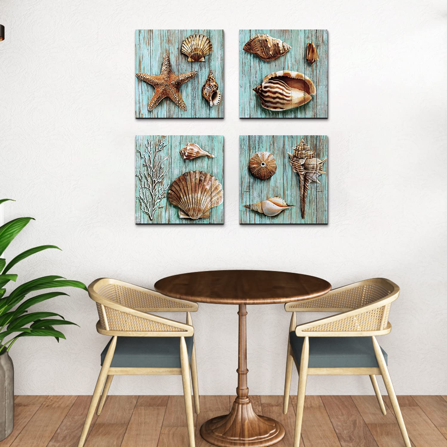 Rustic Seashell Wall Art Beach Decor Coastal Teal Blue Conch Shell Canvas Prints Farmhouse Ocean Wall Decor Nautical Beachy Star
