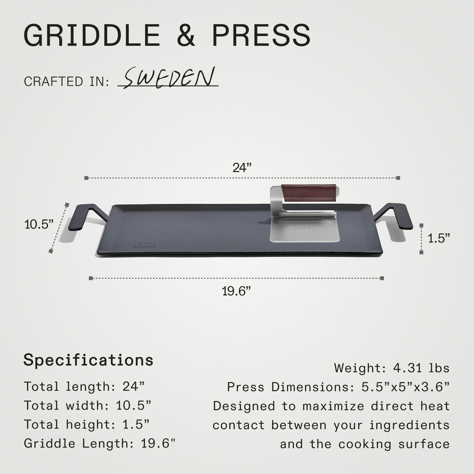 Made In Carbon Steel Griddle + Grill Press - Induction Compatible, Black, Rectangular Model - Professional Cookware, Crafted in Sweden