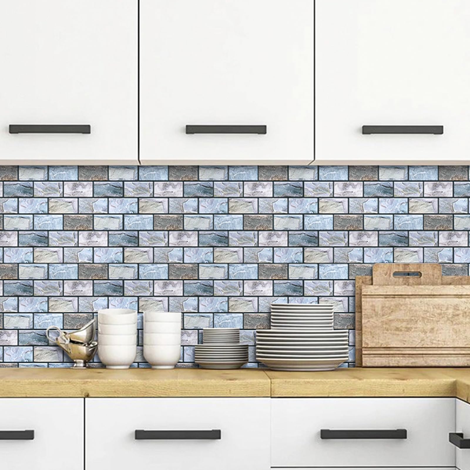 VANCORE 3D Vinyl Peel and Stick Backsplash - 10 Sheets Blue Waterproof Wallpaper with Marble Texture for Kitchen and Bathroom