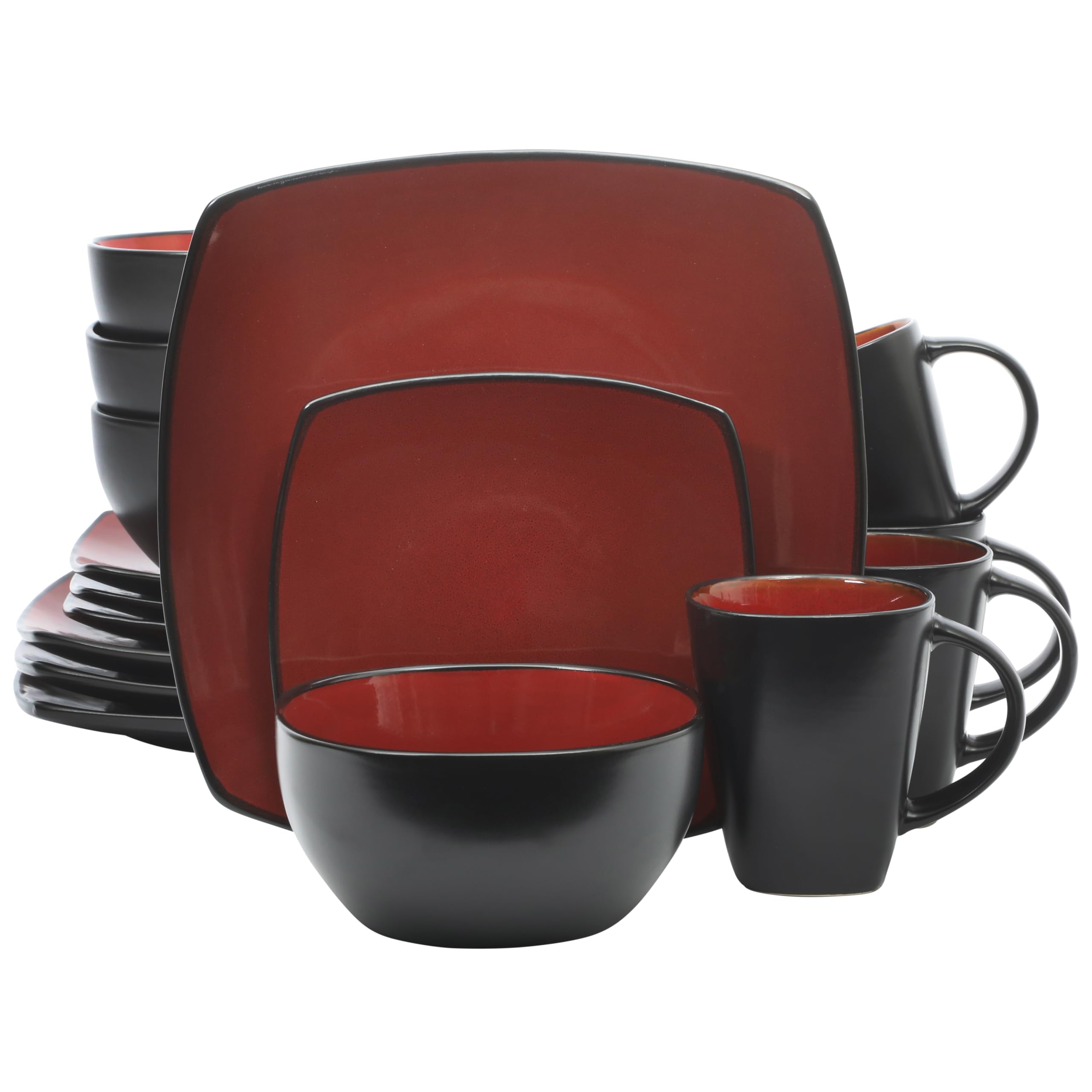 Gibson Soho Lounge Square Reactive Glaze Dinnerware Set, Red, Service for 4 (16pcs)