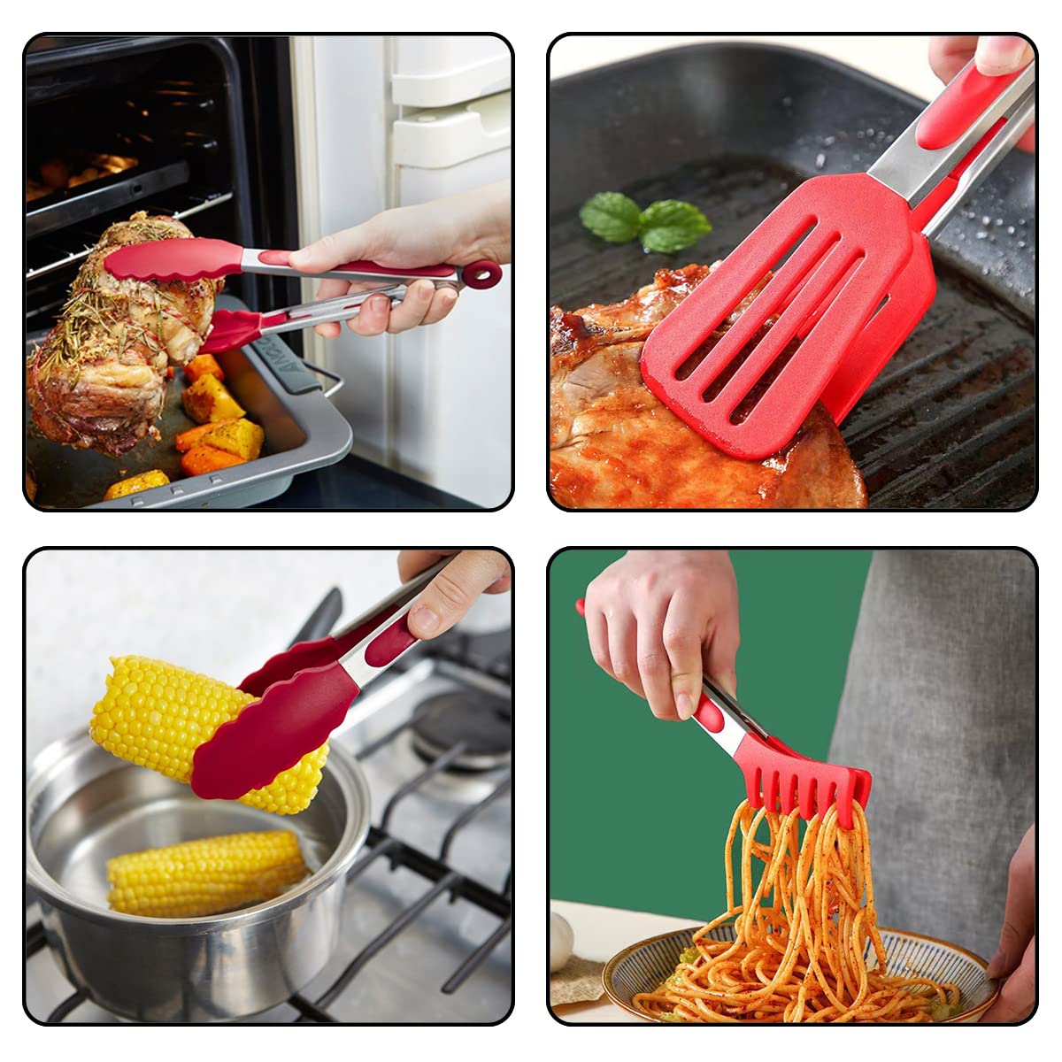 3In1 Silicone Kitchen Cooking Tongs Set, Stainless Steel Nonstick Food Tong With Bpa Free Silicone Tips For Serving Spaghetti St