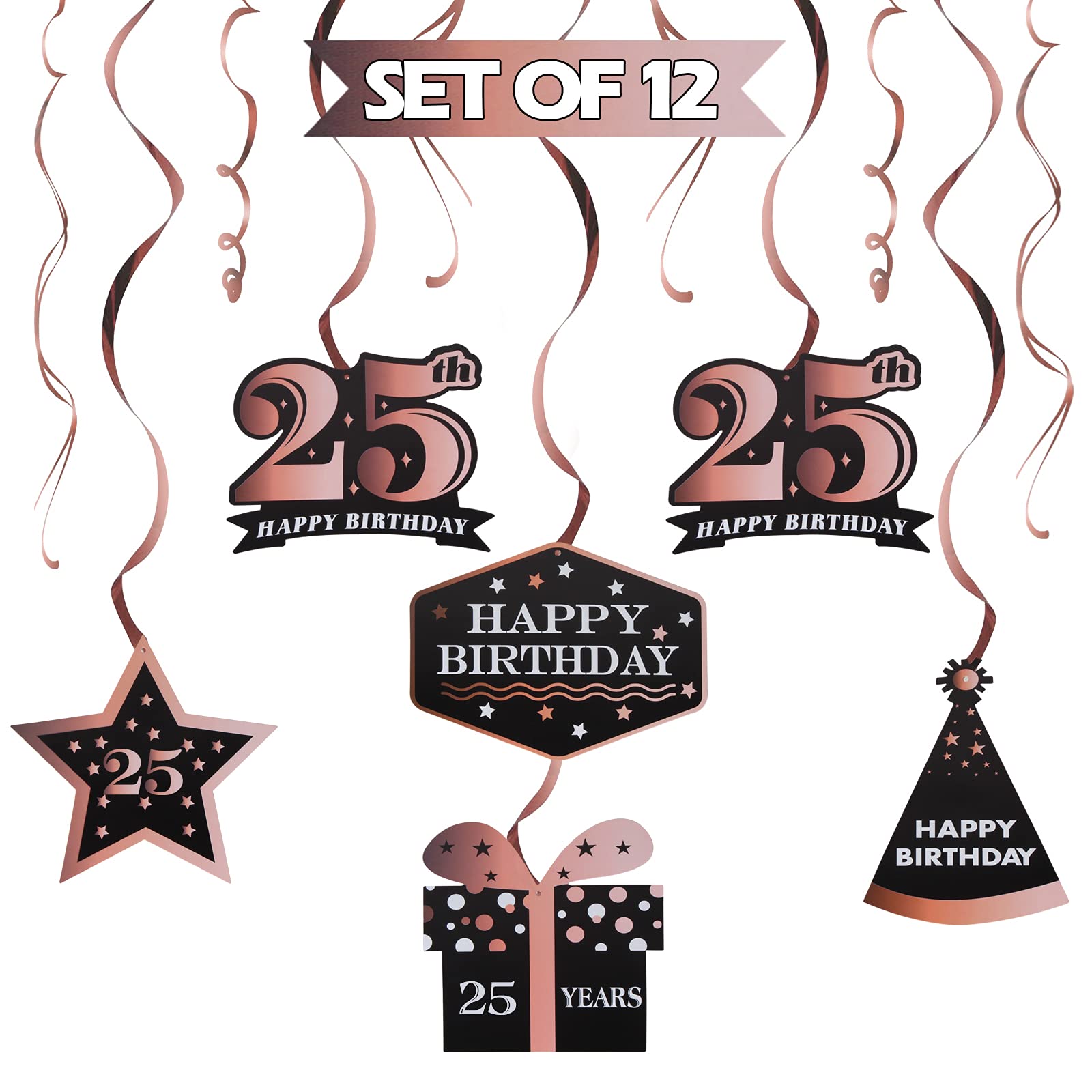 Lingteer Happy 25Th Birthday Decorations,25Th Birthday Black With Rose Swirls Hanging Streamer Kit,Cheers To 25 Years Old Bday F