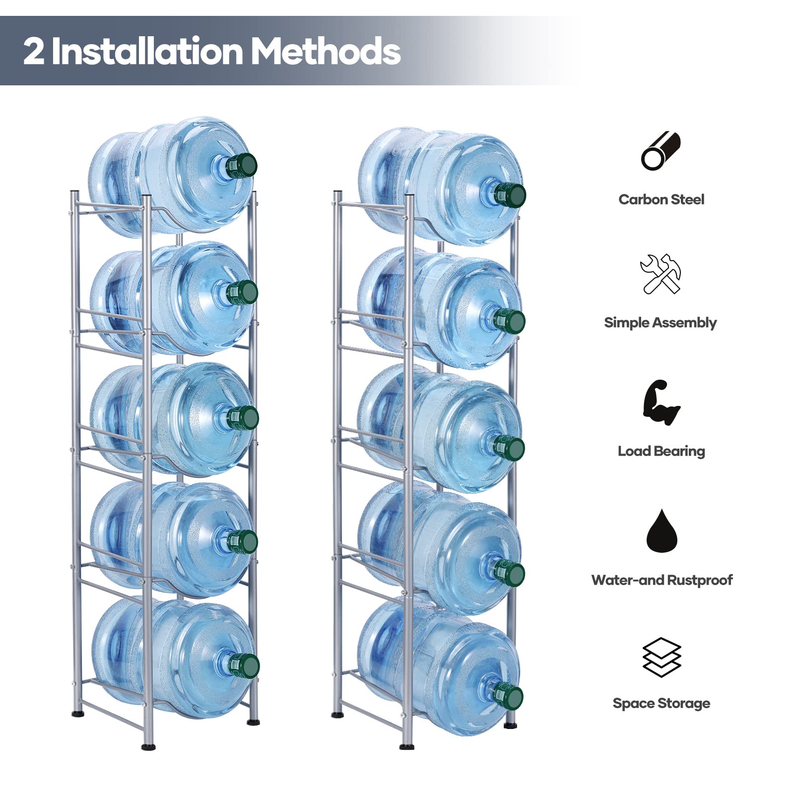 MOOACE 5-Tier Water Jug Rack  5 Gallon Detachable Water Bottle Holder Organizer Storage Rack  Silver