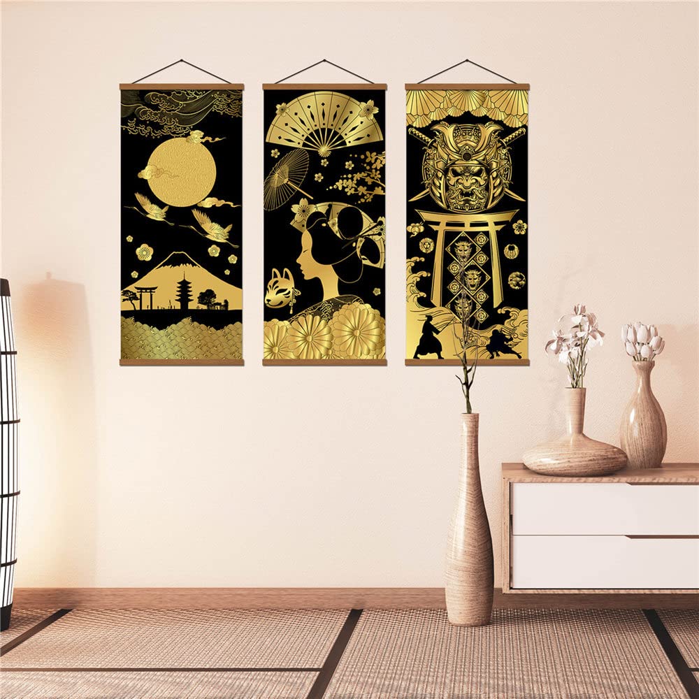 Warrior'S Dreams Canvas Wall Art Print Poster Armored Helmet Samurai Spirit With Scroll Wood Framed Ready To Hanger Home Karate