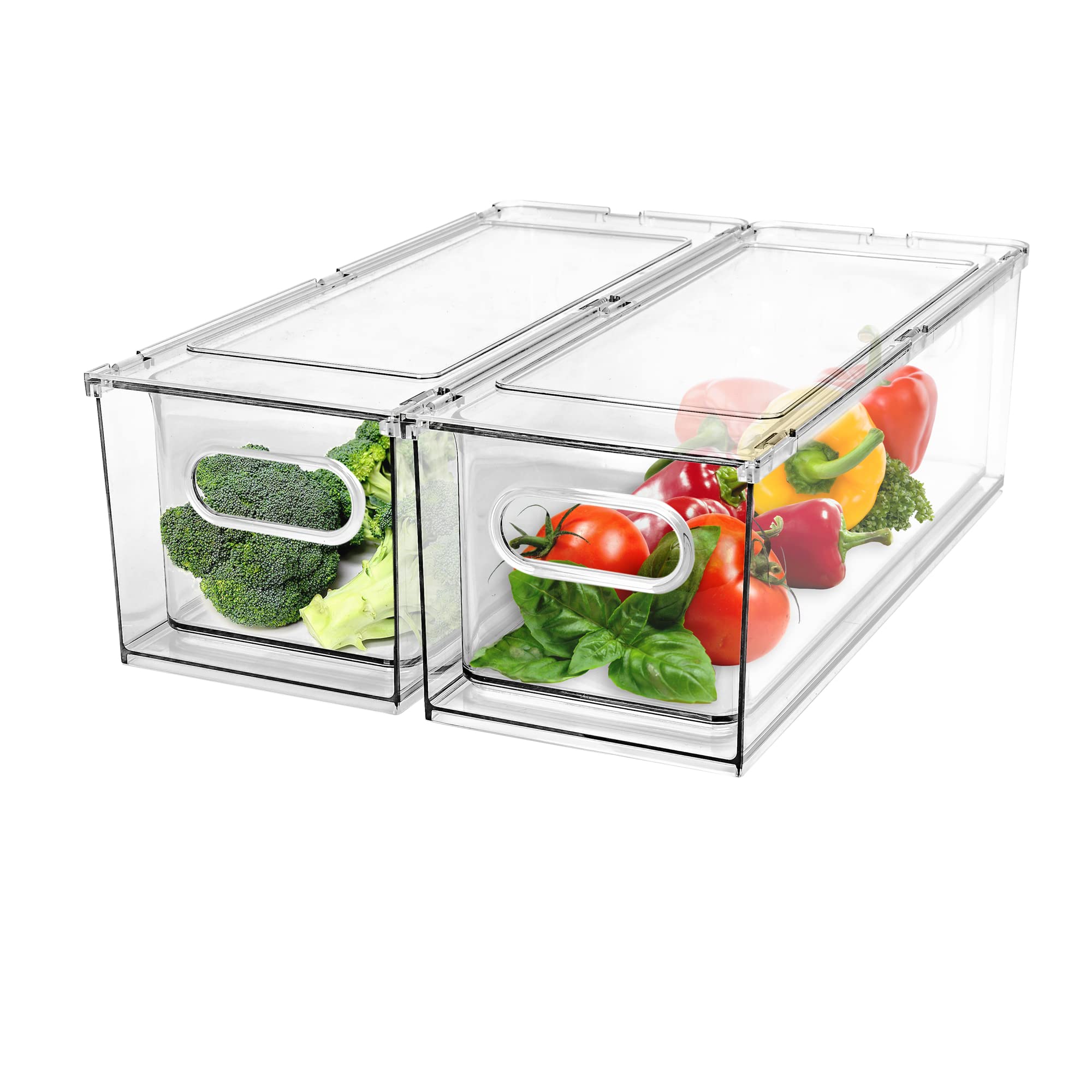 2Pack Stackable Fridge Organizer Drawer Pull Out Bins, Clear Plastic Food Container Set, Refrigerator Produce Saver With Handles