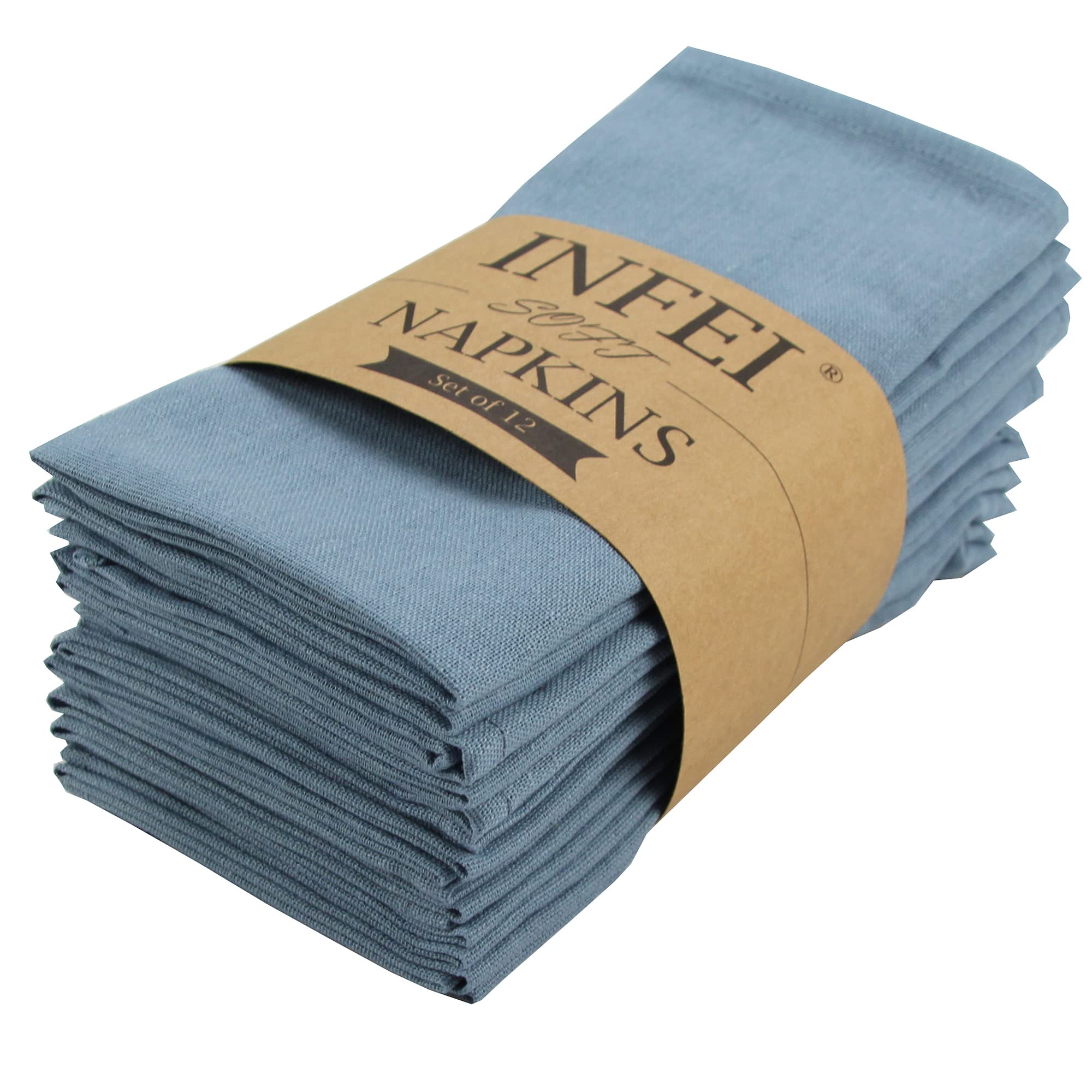 Infei Solid Color Cotton Linen Blended Thin Dinner Cloth Napkins - Set Of 12 (40 X 40 Cm) - For Events & Home Use (Airy Blue)
