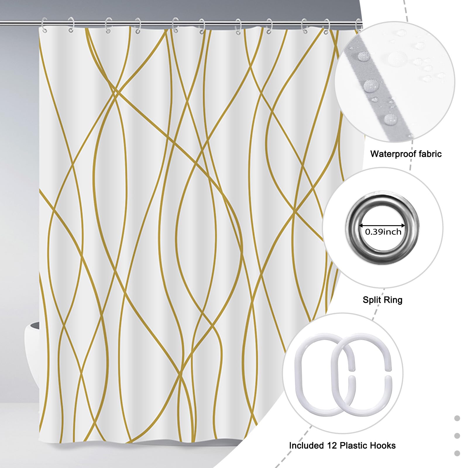 Punkray Gold Light Brown and White Striped Wavy Line Fabric Shower Curtain for Bathroom with Hooks  Shower Curtain Set Stripe Bath Curtains Decor Weighted Hem Washable  72x72