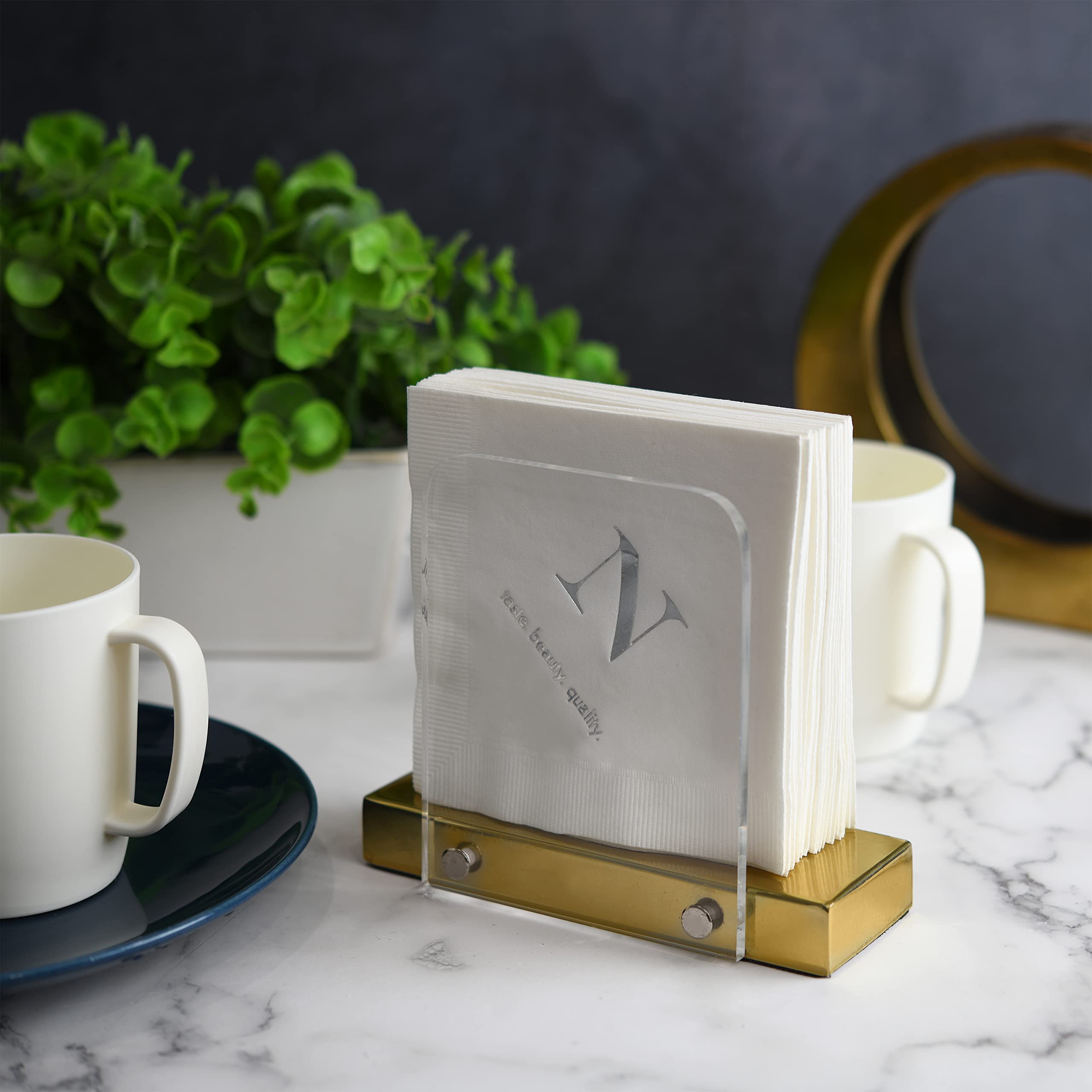 Modern Napkin Holder For Kitchen, Standing Napkin Holder For Tables, Clear Acrylic And Gold Steel Base Kitchen & Dining Room Dec