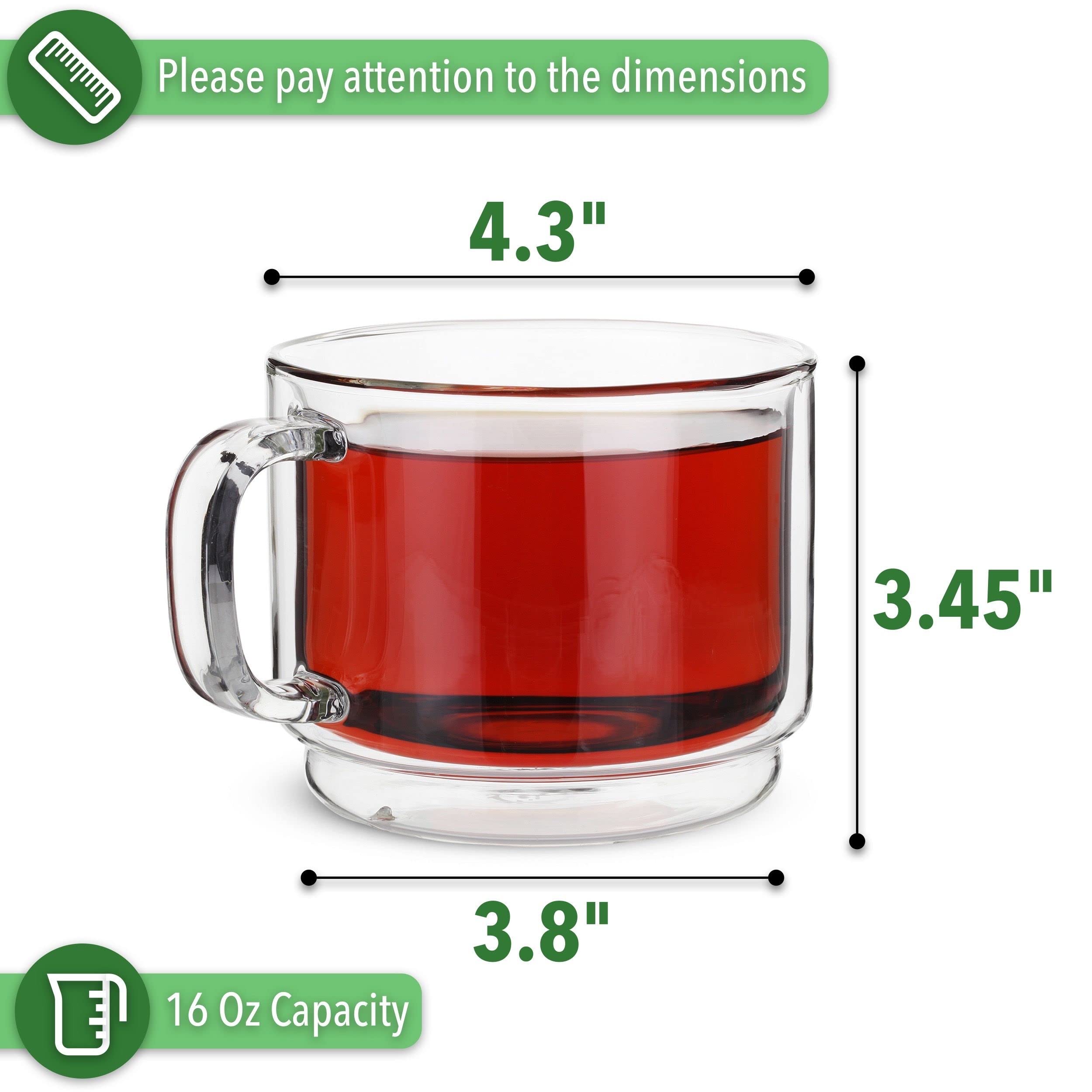 Btat- Stackable Insulated Coffee Mug, Coffee Glass, Large, Set Of 4 (16Oz, 500Ml), Double Wall Glass Coffee Cups, Tea Cups, Latt