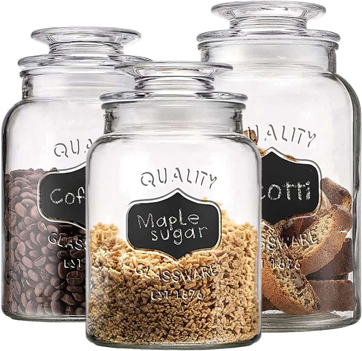 Glass Canister Set For Kitchen Or Bathroom With Airtight Lid And Chalkboard Labels, Apothecary Glass Food Storage Jars,Set Of 3