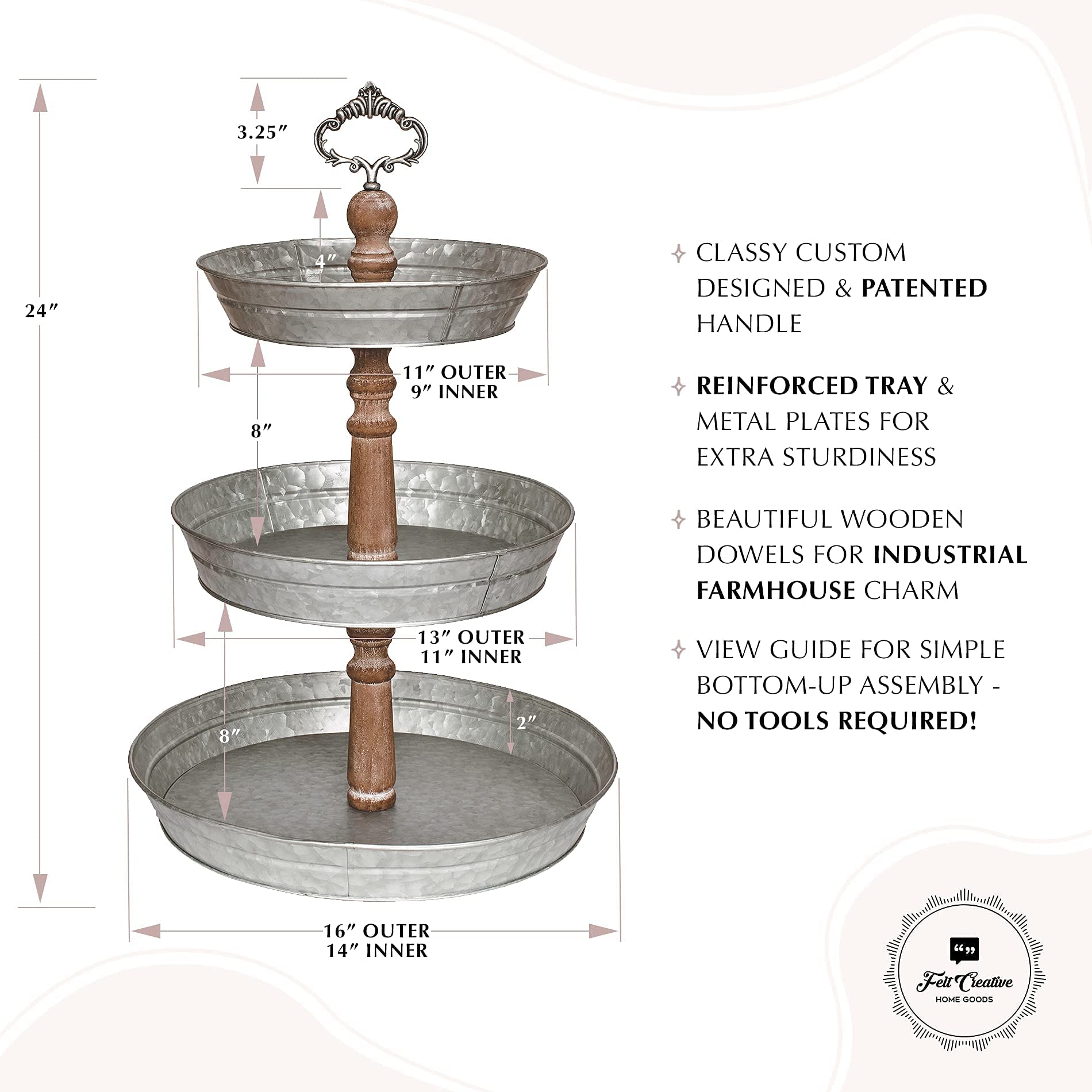 3 Tiered Tray Stand [Xl] - Stunning, Extra Large Three Tiered Tray Stand, Farmhouse Tiered Tray, Cookie Display Stand, Metal Ser