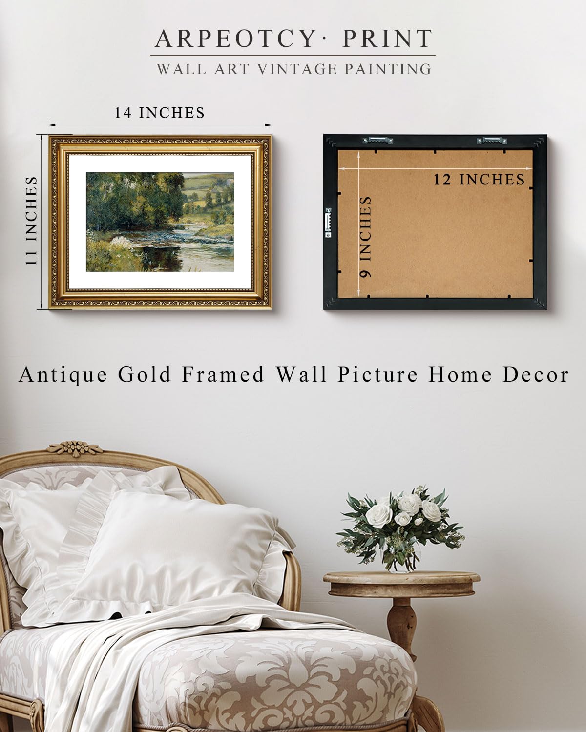 Arpeotcy Vintage Gold Framed Wall Art, 11X14 Inch Nature Streamside Retro Paintings, Canvas Prints Artwork With Antique Frame, V