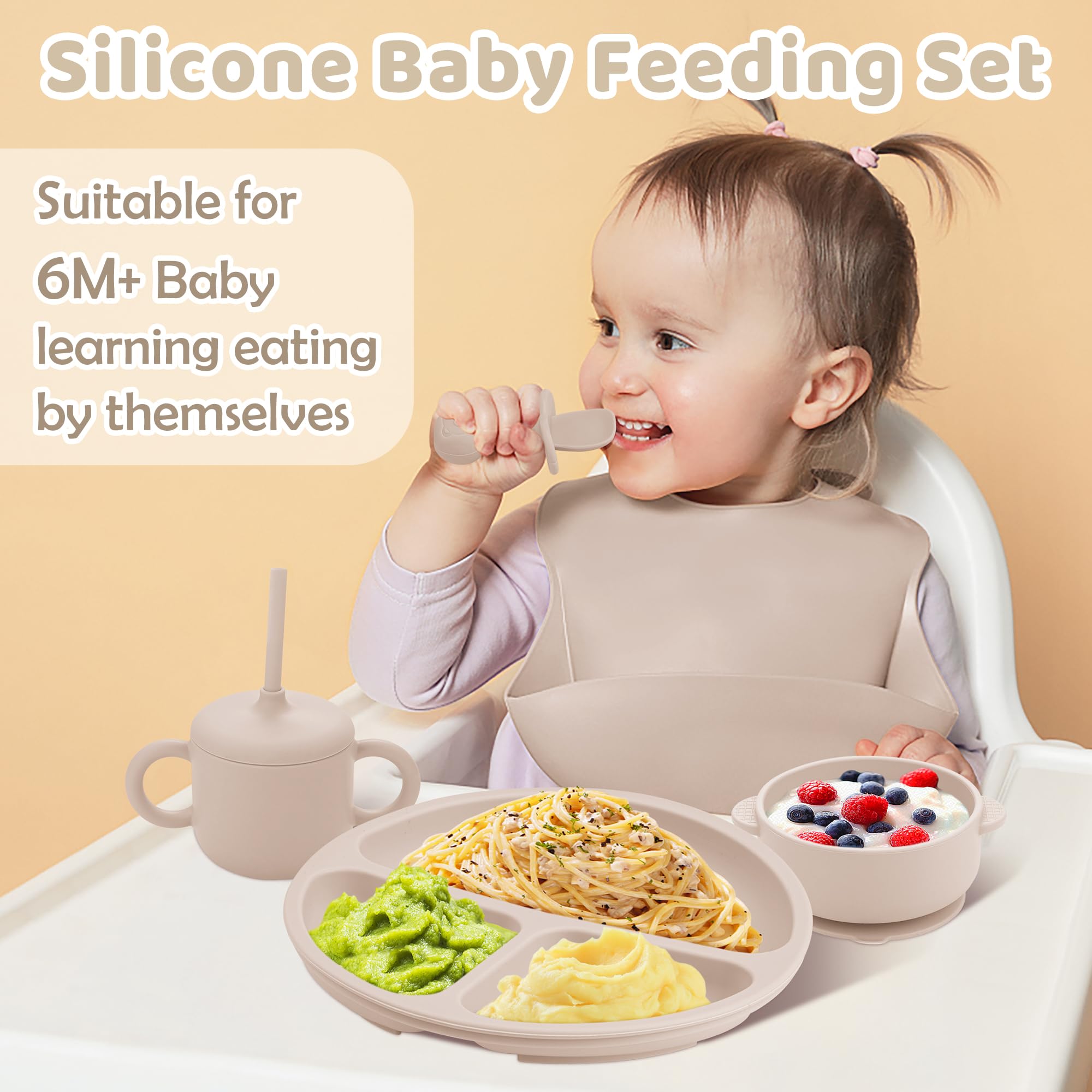 Bufims Silicone Baby Feeding Set, Baby Led Weaning Supplies, Eating Essentials Utensils with Suction Plate and Bowl, Pocket Bib,