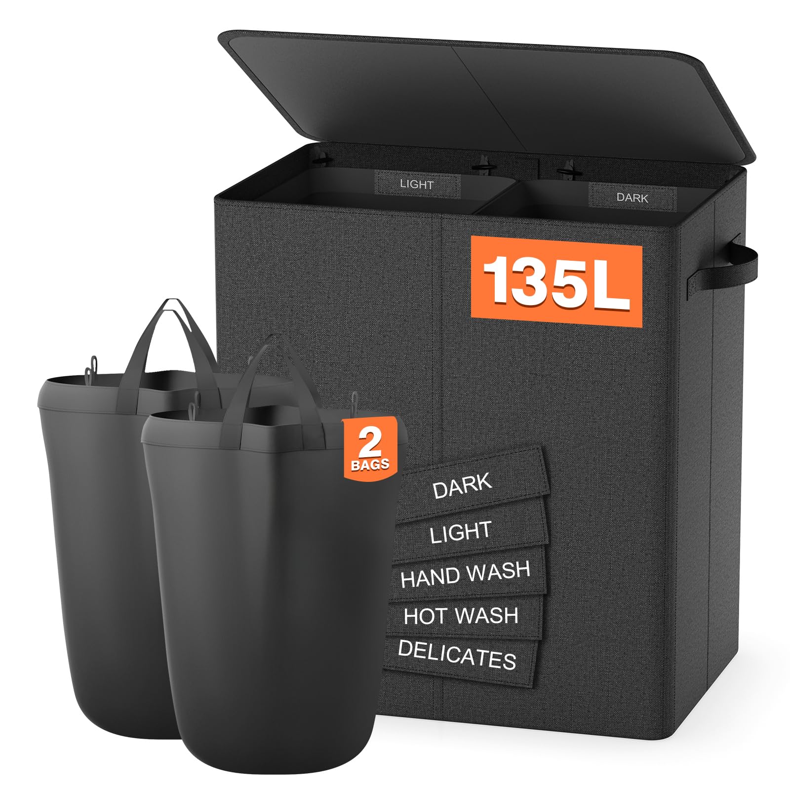 Double Laundry Hamper With Lid, 135L Dirty Clothes Hamper With Removable Bags & Labels, Laundry Basket 2 Section For Separating,