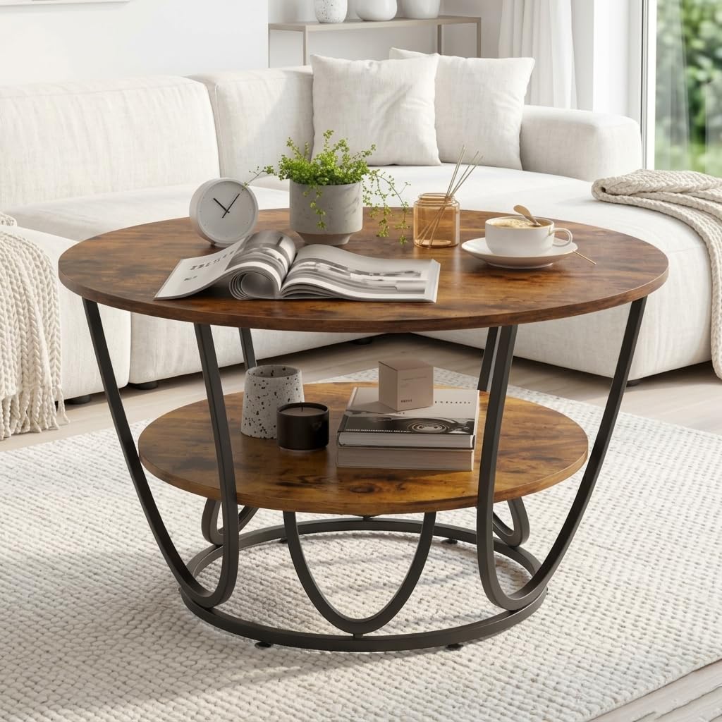 Edeueque Round Coffee Table Modern Sofa Side Table For Living Room End Table Telephone Table With 2 Shelf Storage Wooden Tableto