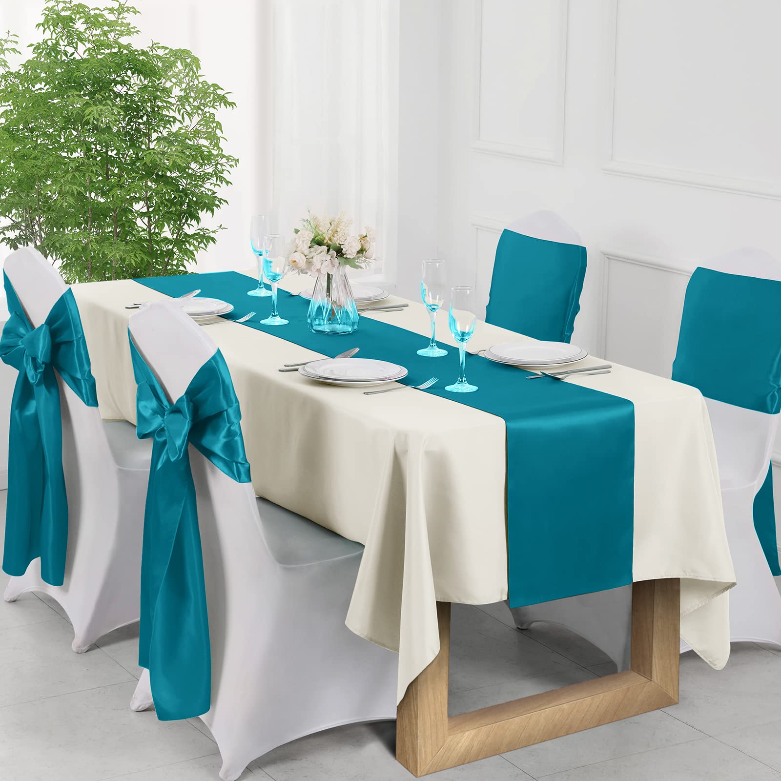 Manyshofu 12Pcs Satin Teal Blue Table Runner - 12 x 72 Inch Long Size  Party Table Runner Decor Bright & Smooth Wedding Decorations Table Runner for Banquet Chef Birthday Buffet Dinner Graduations