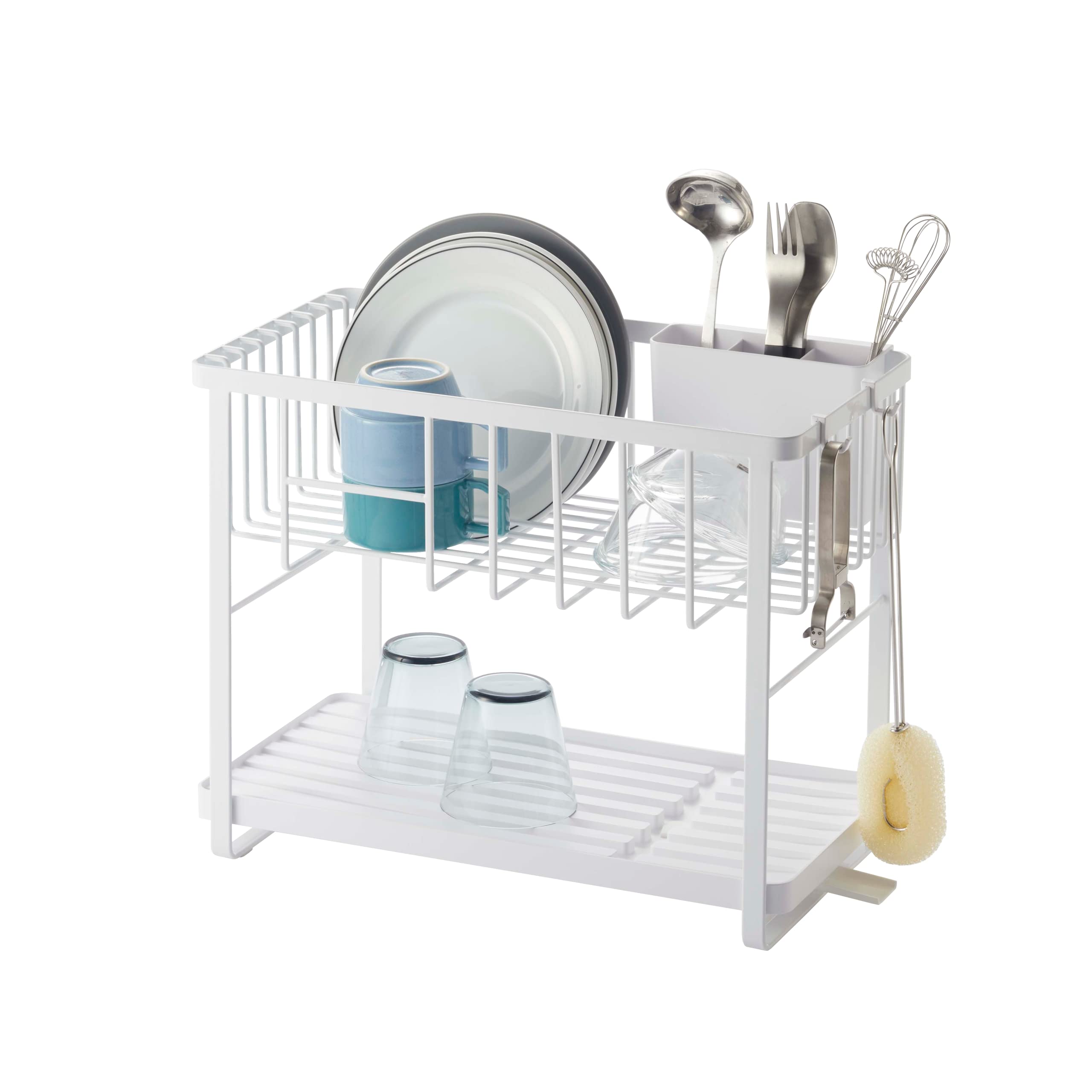Yamazaki Home Two-Tier Adjustable Dish Drainer Rack, Compact Drying Rack With Hooks, Utensils Holder, Steel, Draining Spout, Wat