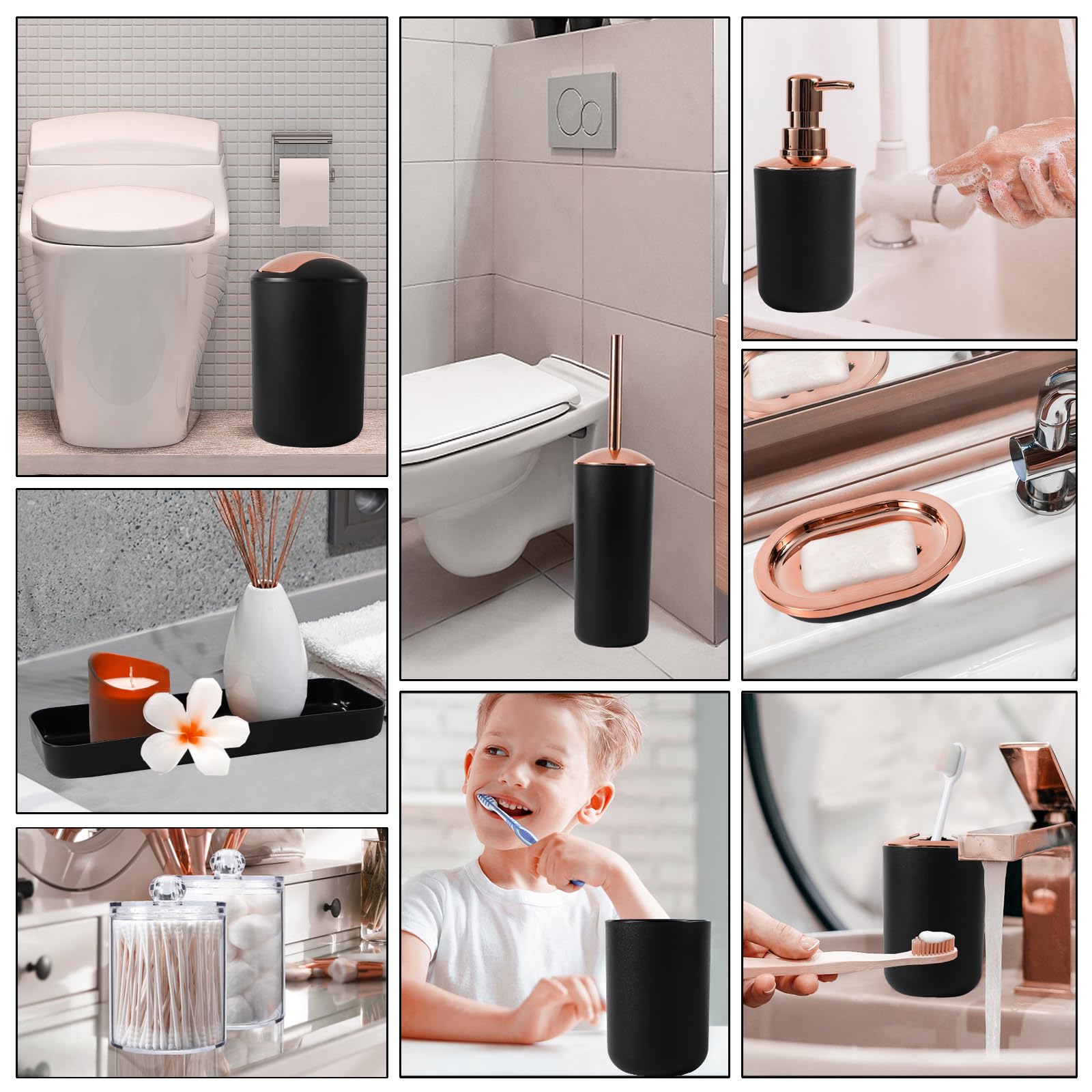 9Pcs Black Bathroom Accessories Set - Trash Can, Soap Dispenser Set, Soap Dish, Toilet Brush With Holder, Toothbrush Holder, Tum