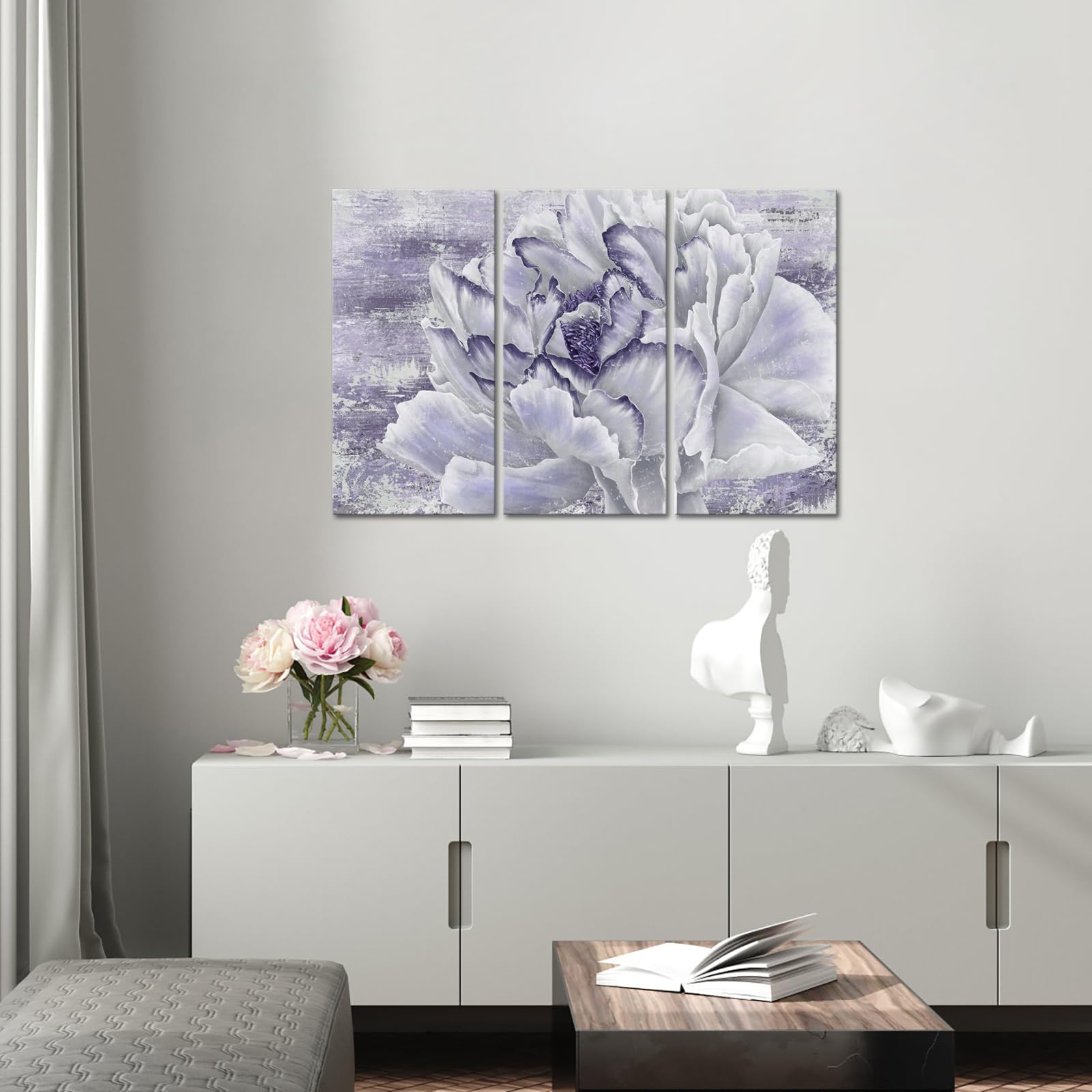 Fushvre Purple Floral Canvas Wall Art Light Purple Flower Picture Painting Peony Bedroom Wall Decor Framed Each Piece 16''X32''