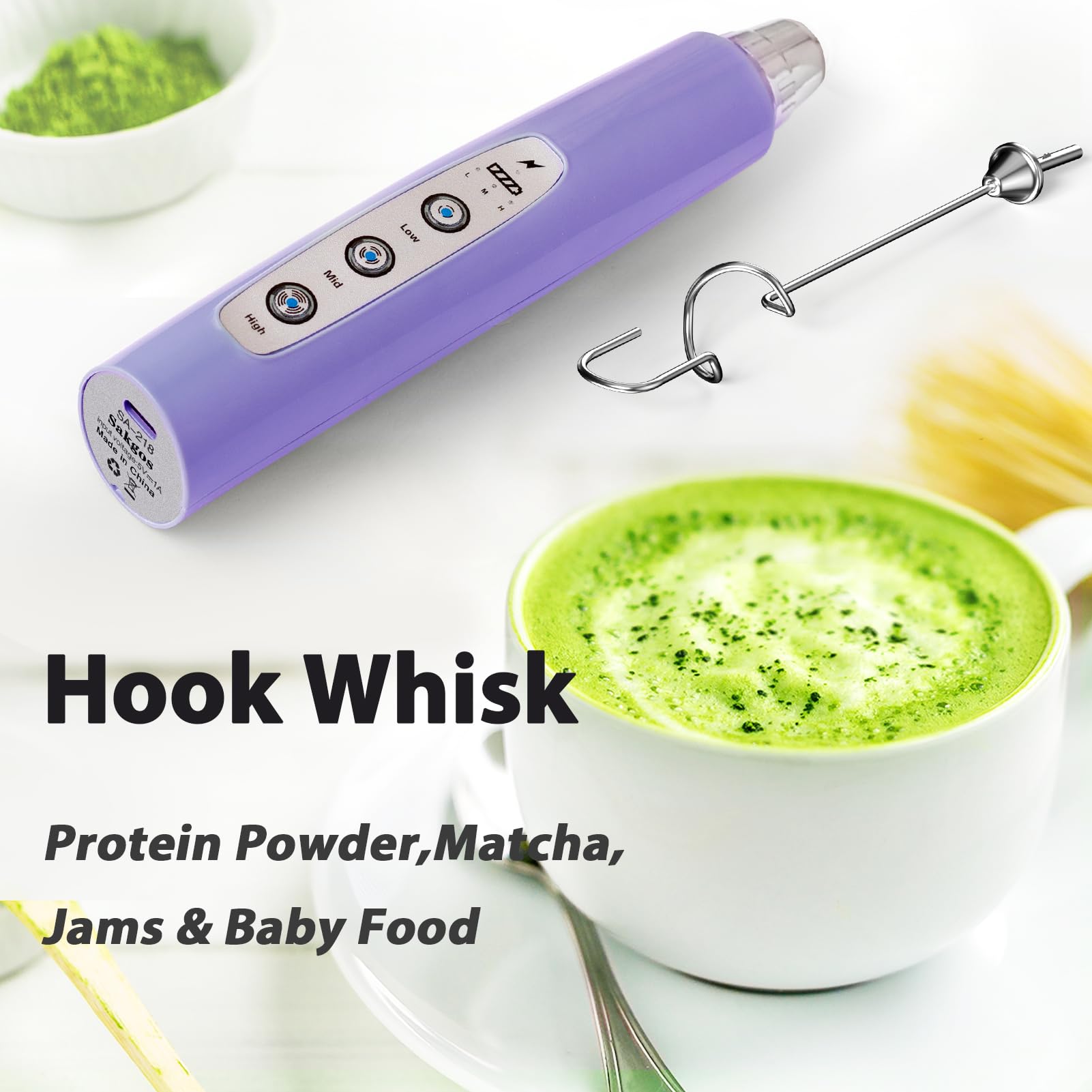 Sakgos Milk Frother Handheld Rechargeable - Electric Whisk 3 Speed Adjustable, Coffee Frother Wand With 3 Stainless Whisks, Elec