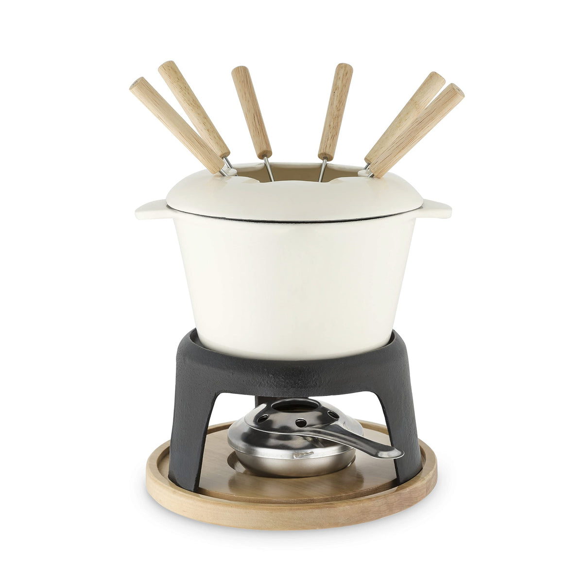 Twine Farmhouse Kitchen Enamel Cast Iron Fondue Set Cheese Melting Pot Metal Stand With Stainless Steel Forks And Chrome Gel Bur