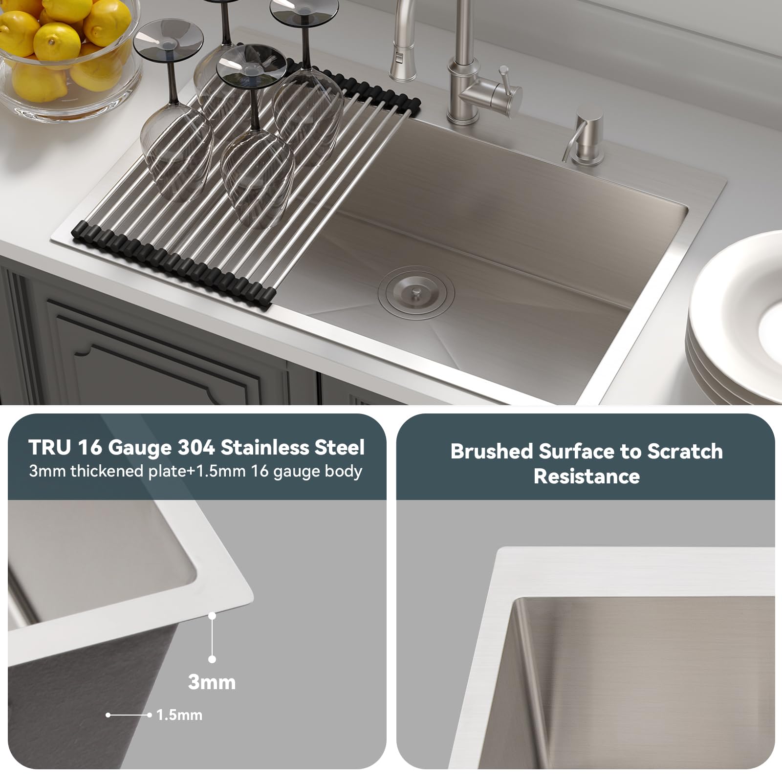 Lordear 33 Inch Drop In Kitchen Sink 33X22 Stainless Steel Topmount Sinks 16 Gauge T304 Single Bowl Kitchen Sink With 3Mm Thicke