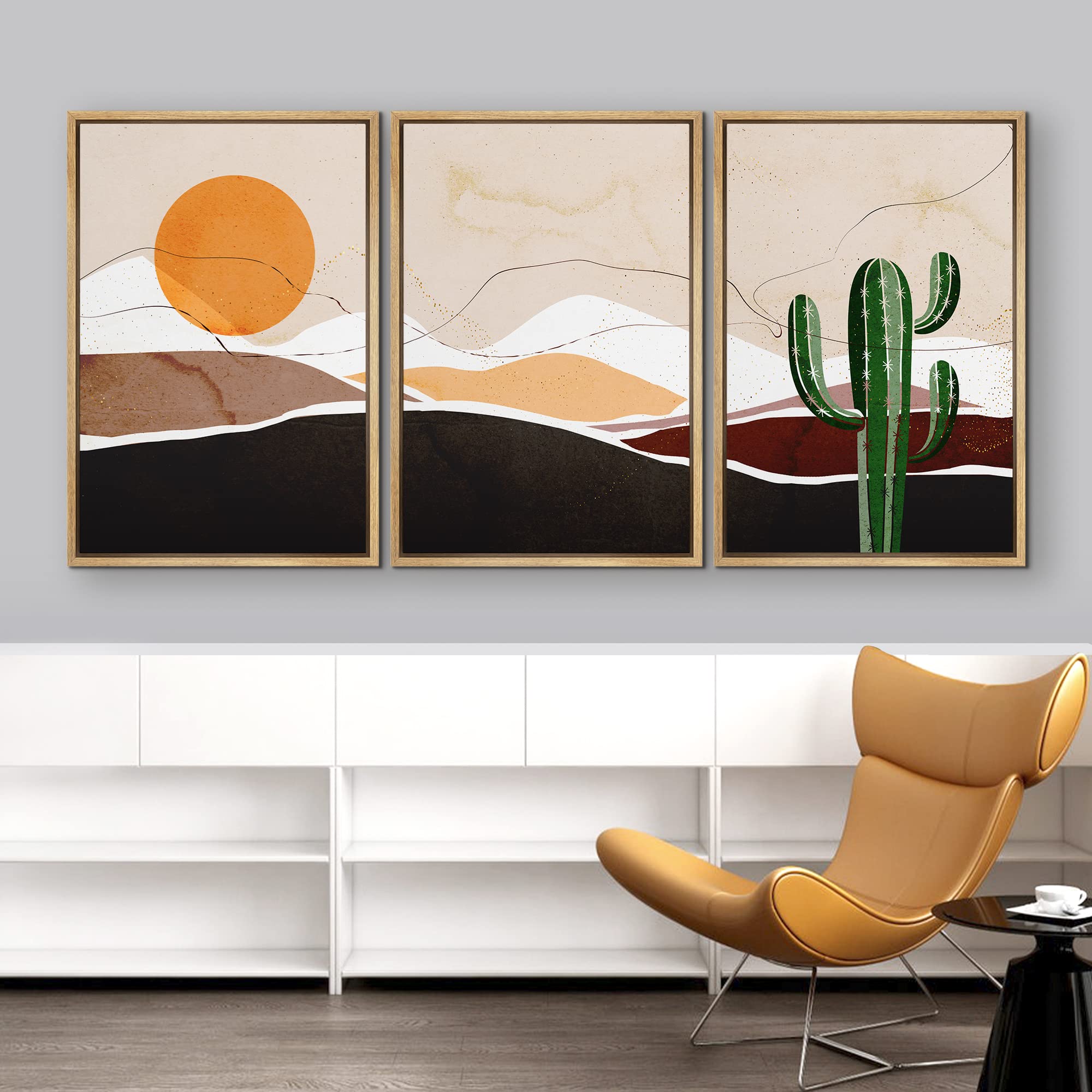 Idea4Wall Framed Canvas Print Wall Art Set Mid-Century Desert Dune Cactus Landscape Abstract Nature Illustrations Modern Art Nor