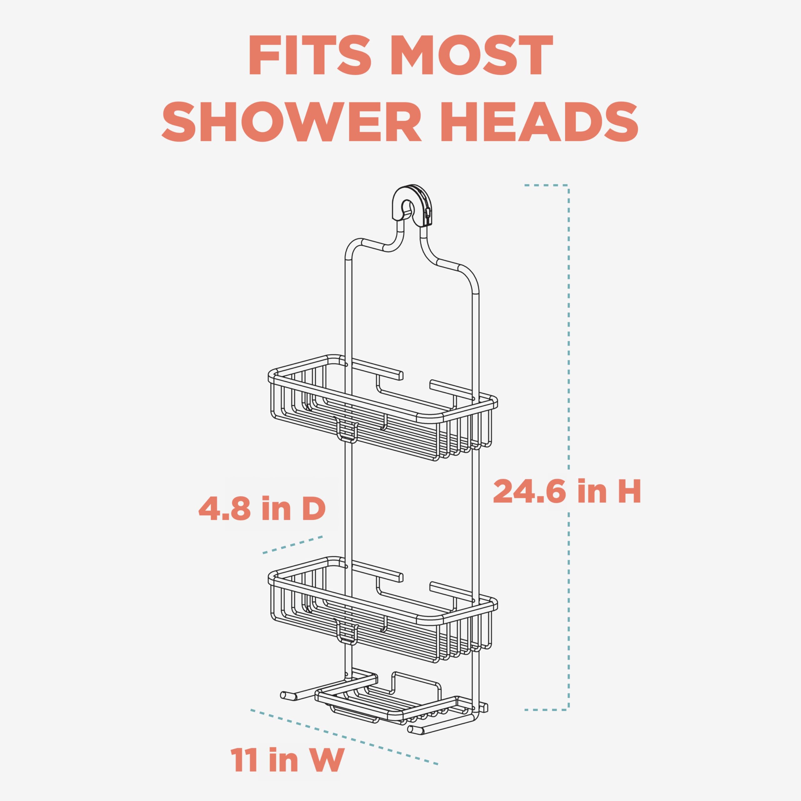 Zenna Home Hanging Shower Caddy  Over the Shower Head Bathroom Storage  Rustproof  No Drilling  Bath Organizer with 2 Shelves  Soap Tray  Razor Holders and Hooks  Satin Chrome