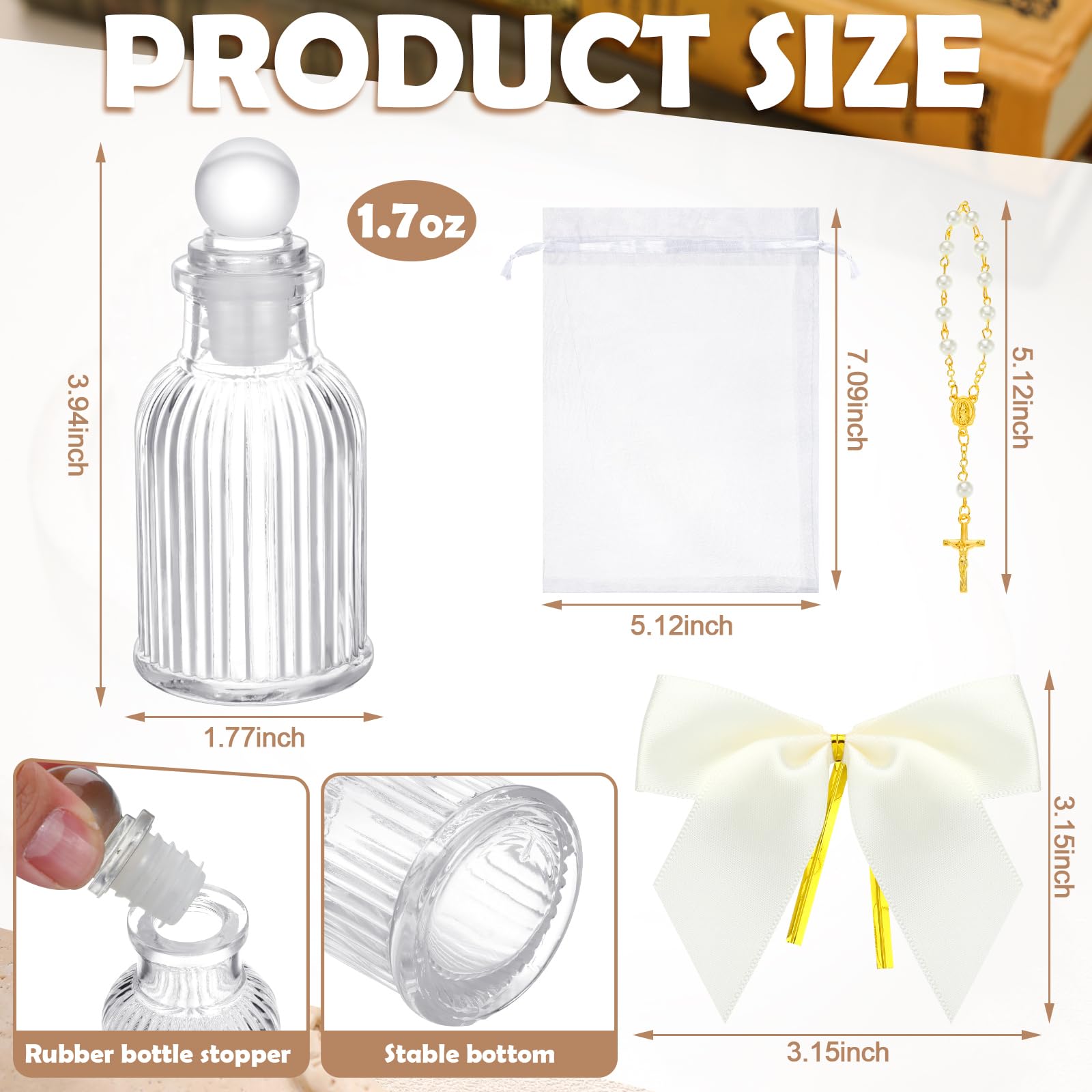 Chuangdi 12 Sets Holy Water Bottle Baptism Favors for Guest Catholic Holy Bottle with Cross Rosary Bow 50ml Empty Glass Water Co
