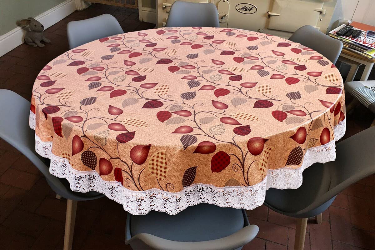 MANUFACTORY Center & Dining Table Cover Beige Color Leaf Printed Table Cloth with White Lace  Waterpoof & Dustproof Round Shape