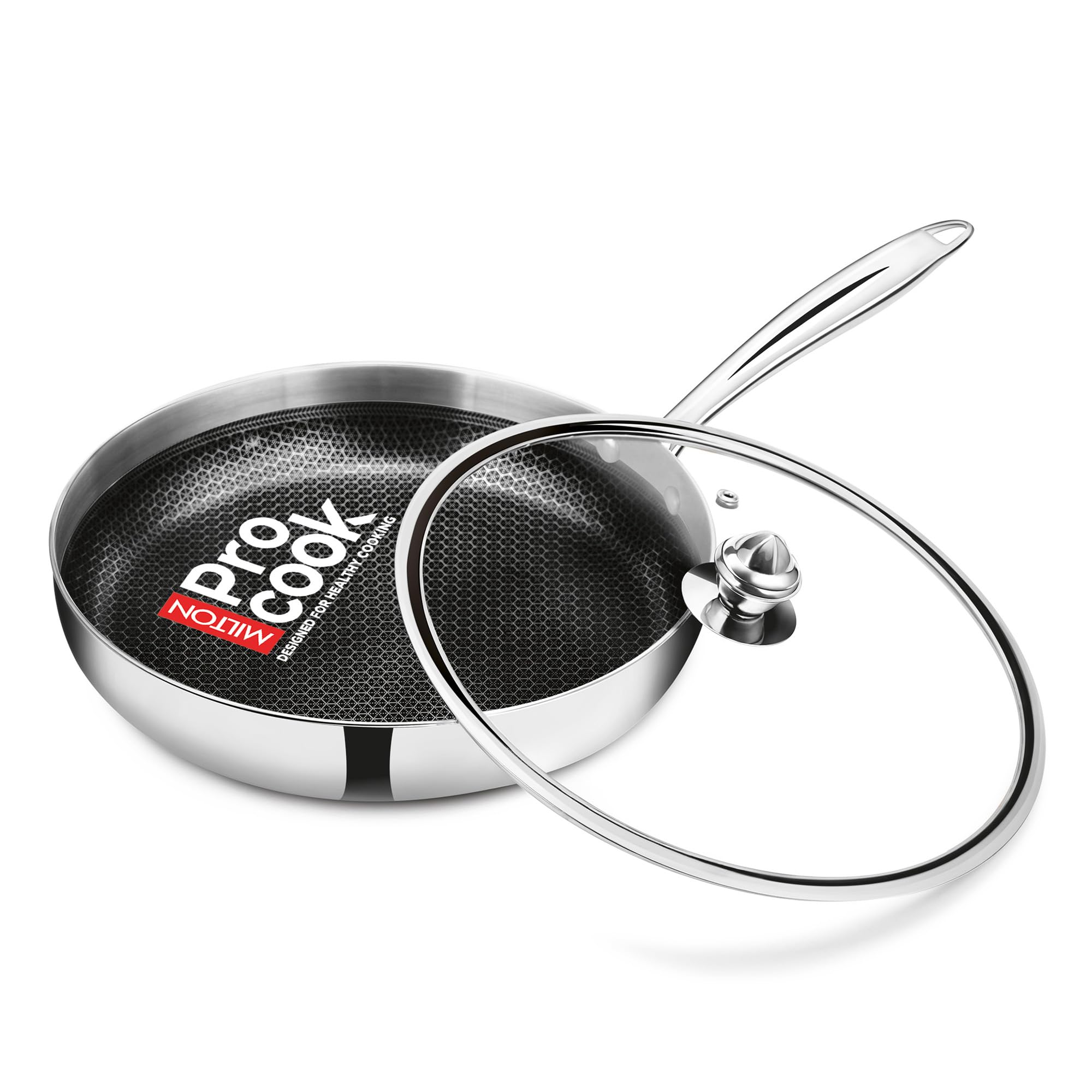 Milton Pro Cook Induction Cookware & Gas Stove Friendly Triply Hexa Tech Stainless Steel Frying Pan With Glass Lid 24Cm, 1.5L | 