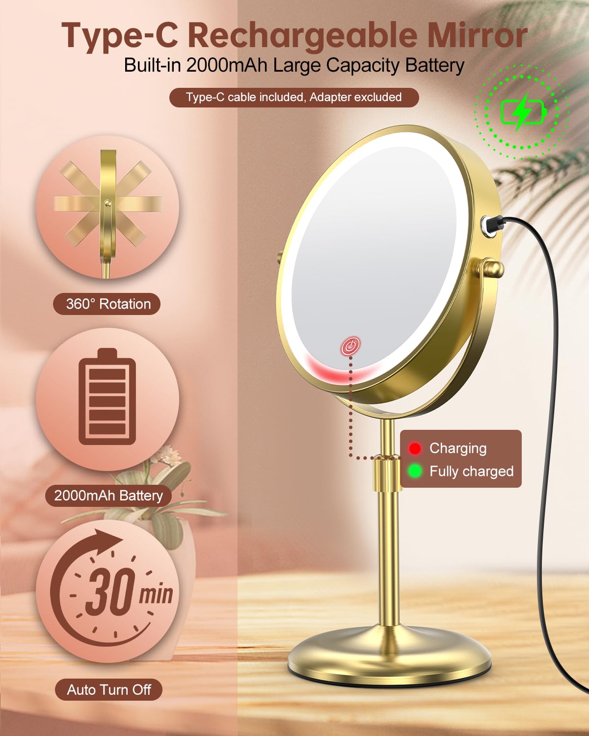 Benbilry Lighted Makeup Mirror with 3 Color Lights & 10X Magnification  Adjustable Brightness & Height  7 Inch 360 Swivel Rechargeable 10X LED Magnifying Vanity Mirror with Light  Gold